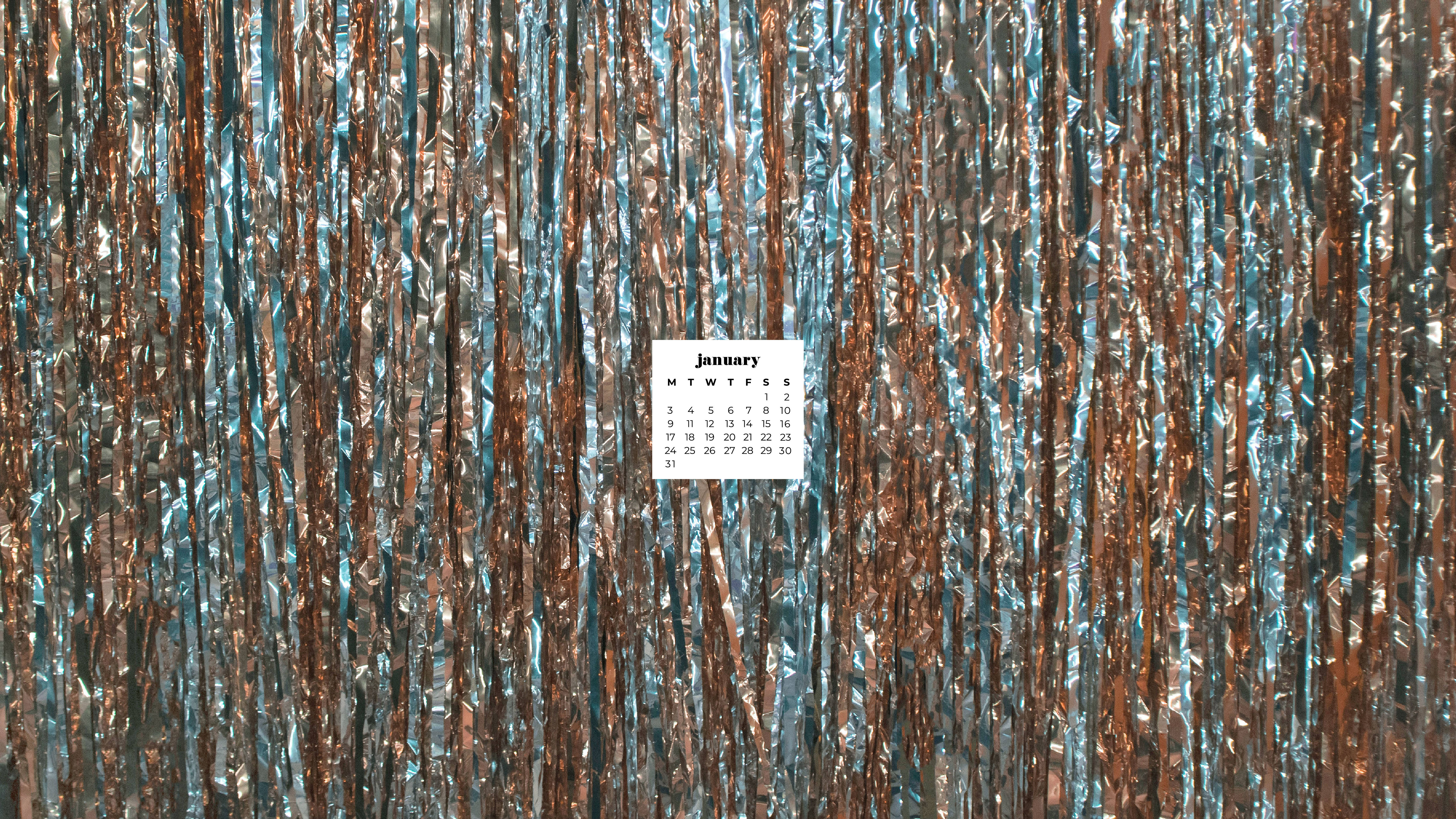 January 2022 calendar, tinsel wall, copper metallic fringe, 5K Desktop Wallpaper