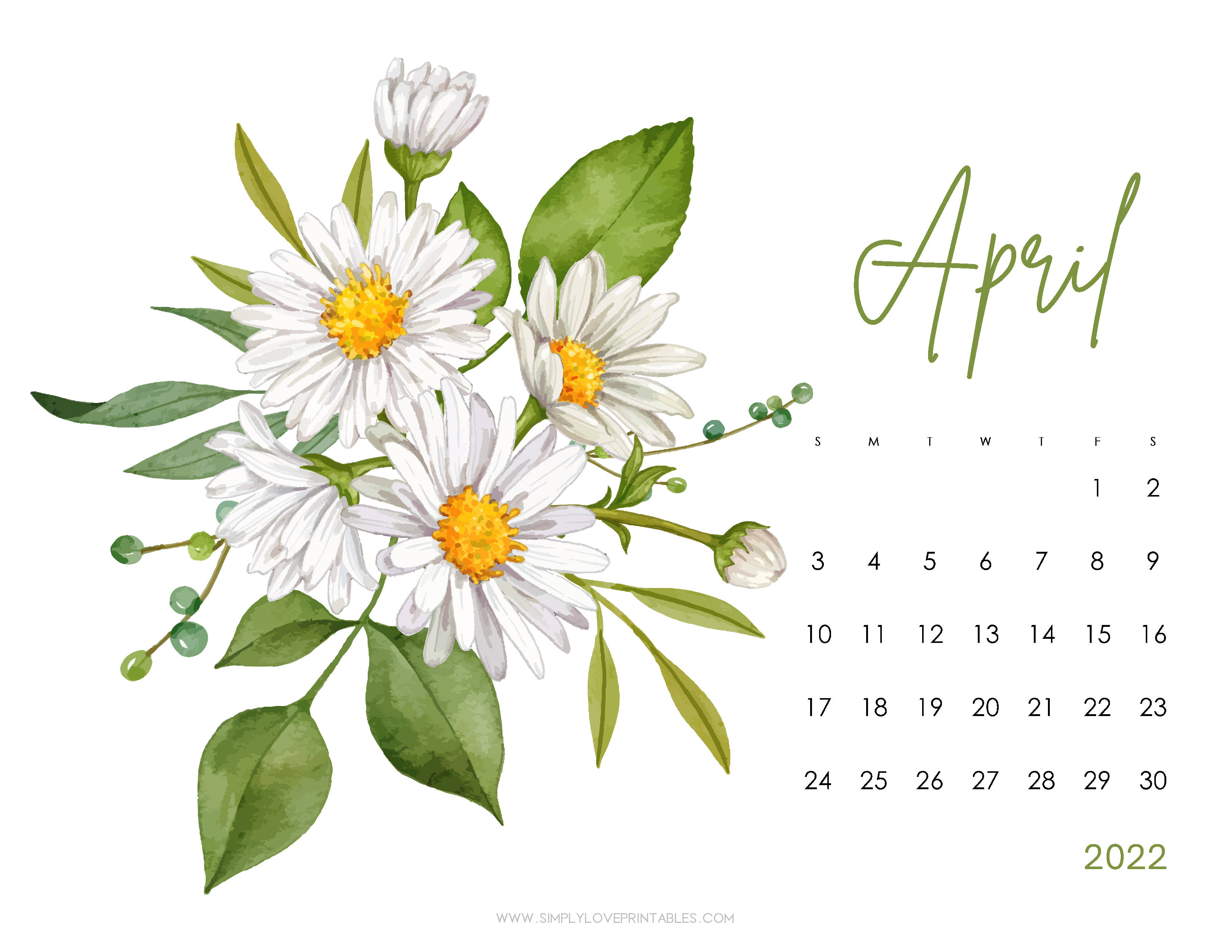 April 2022 calendar, white daisies, yellow centers, 2K Desktop Wallpaper