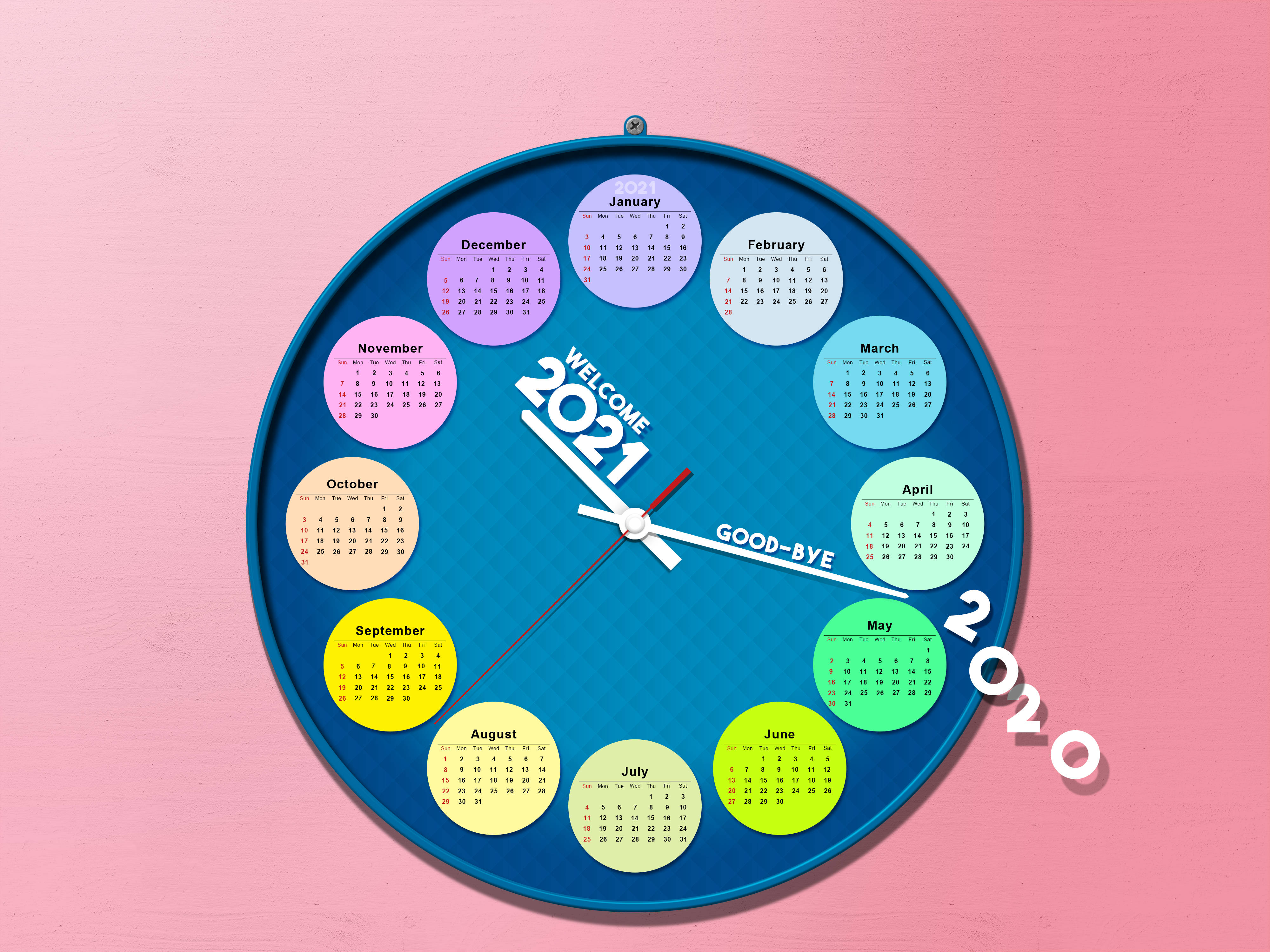 Clock And Calendar 2021 Desktop, blue clock face, monthly calendars, 4K Desktop Wallpaper