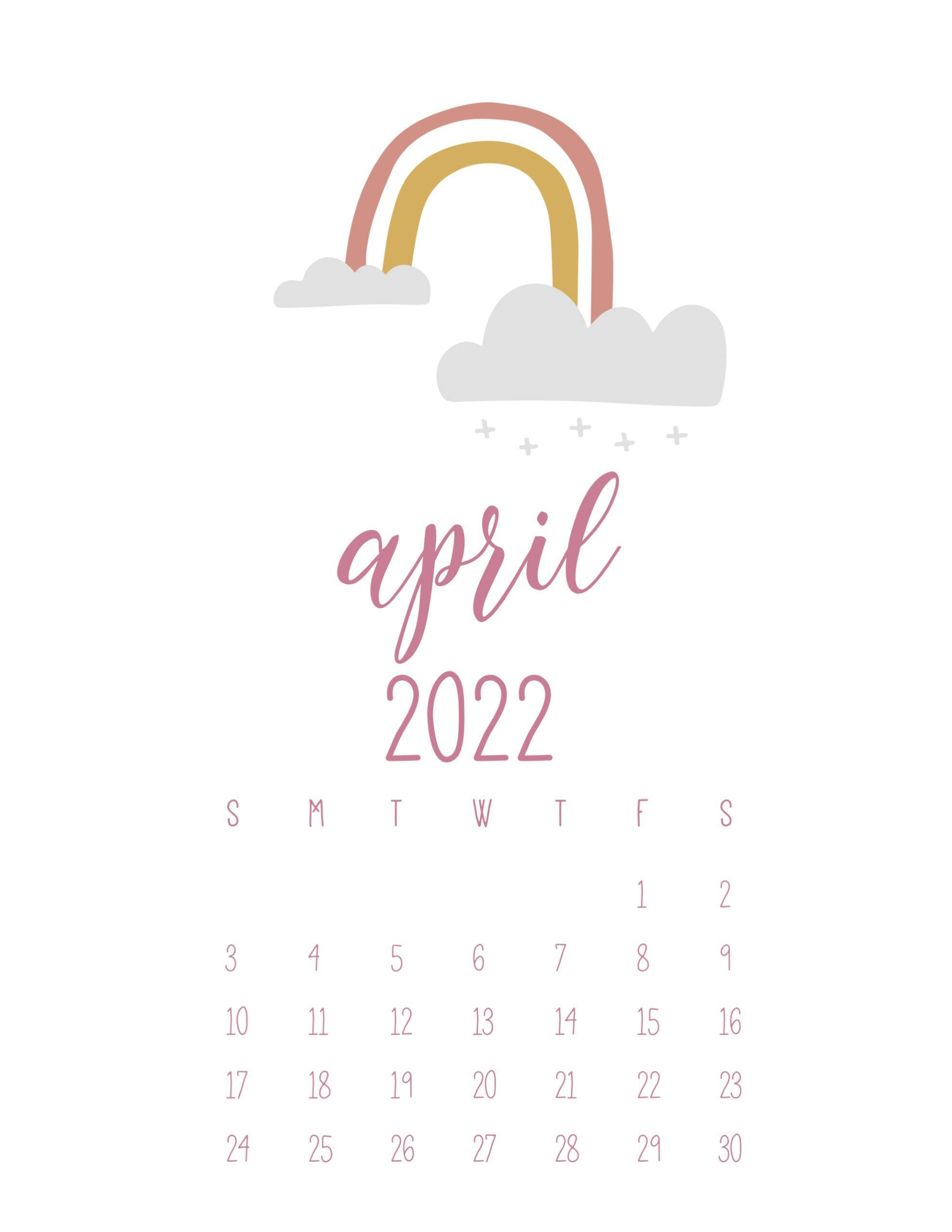Simple Rainbow April 2022 Calendar, pastel rainbow, clouds, 2K Phone Wallpaper