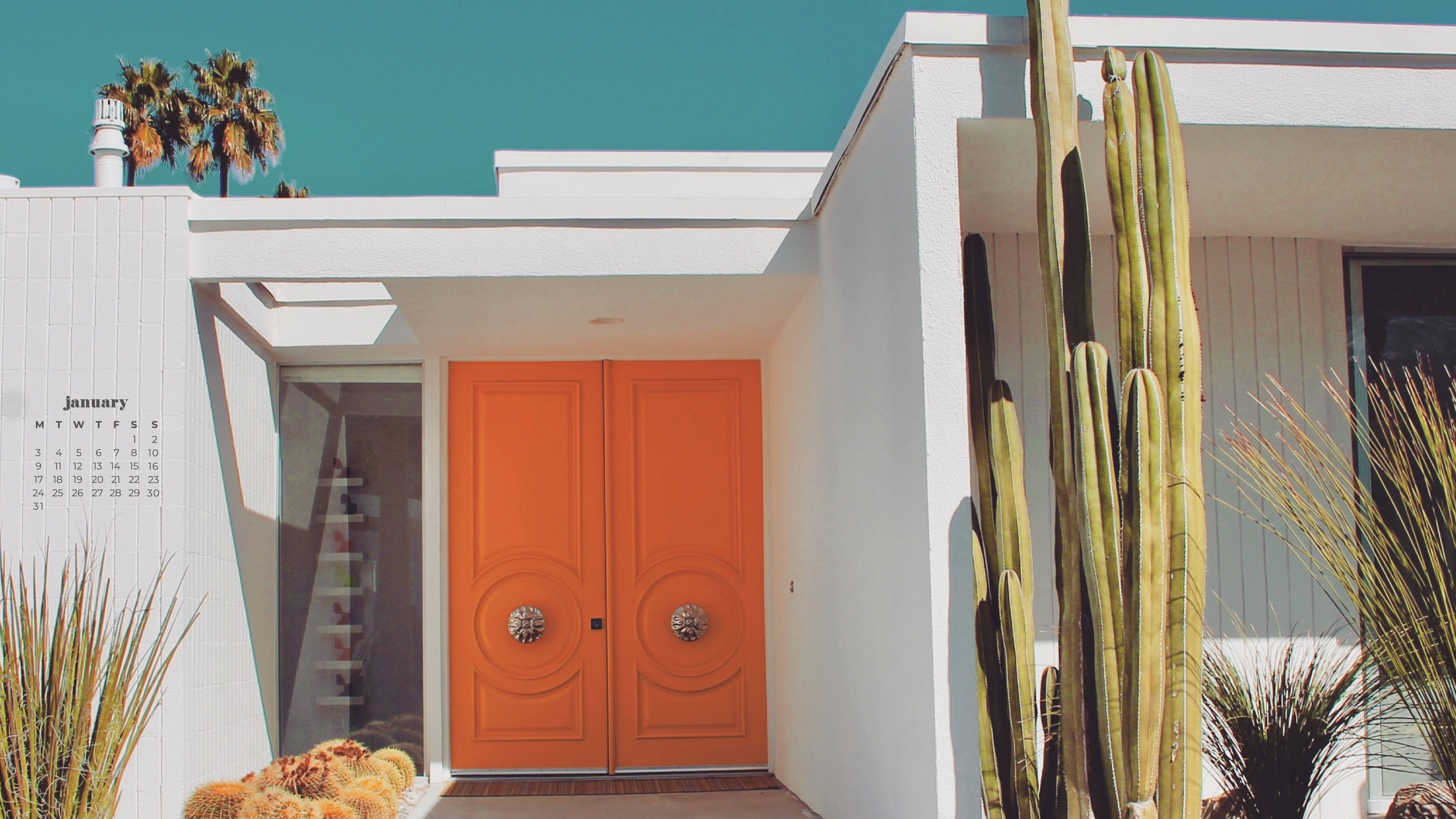 January 2022 Calendar, orange door, modern white house, 5K Desktop Wallpaper