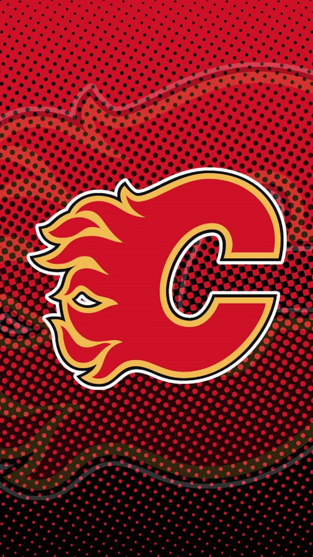 Calgary Flames, red and black halftone background, fiery red and gold flames, Full HD Phone Wallpaper