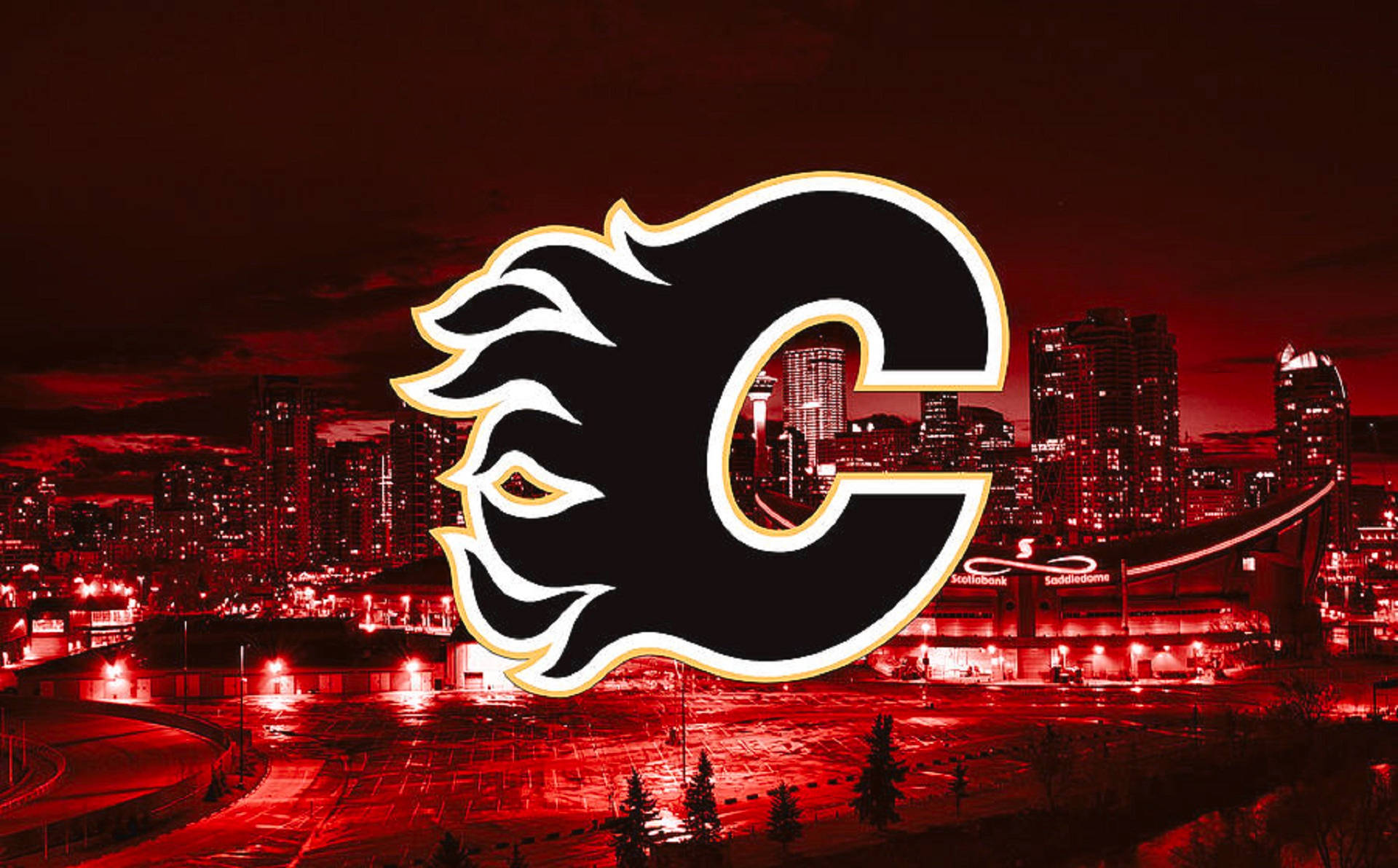Calgary Flames, red-tinted cityscape, night, Full HD Desktop Wallpaper