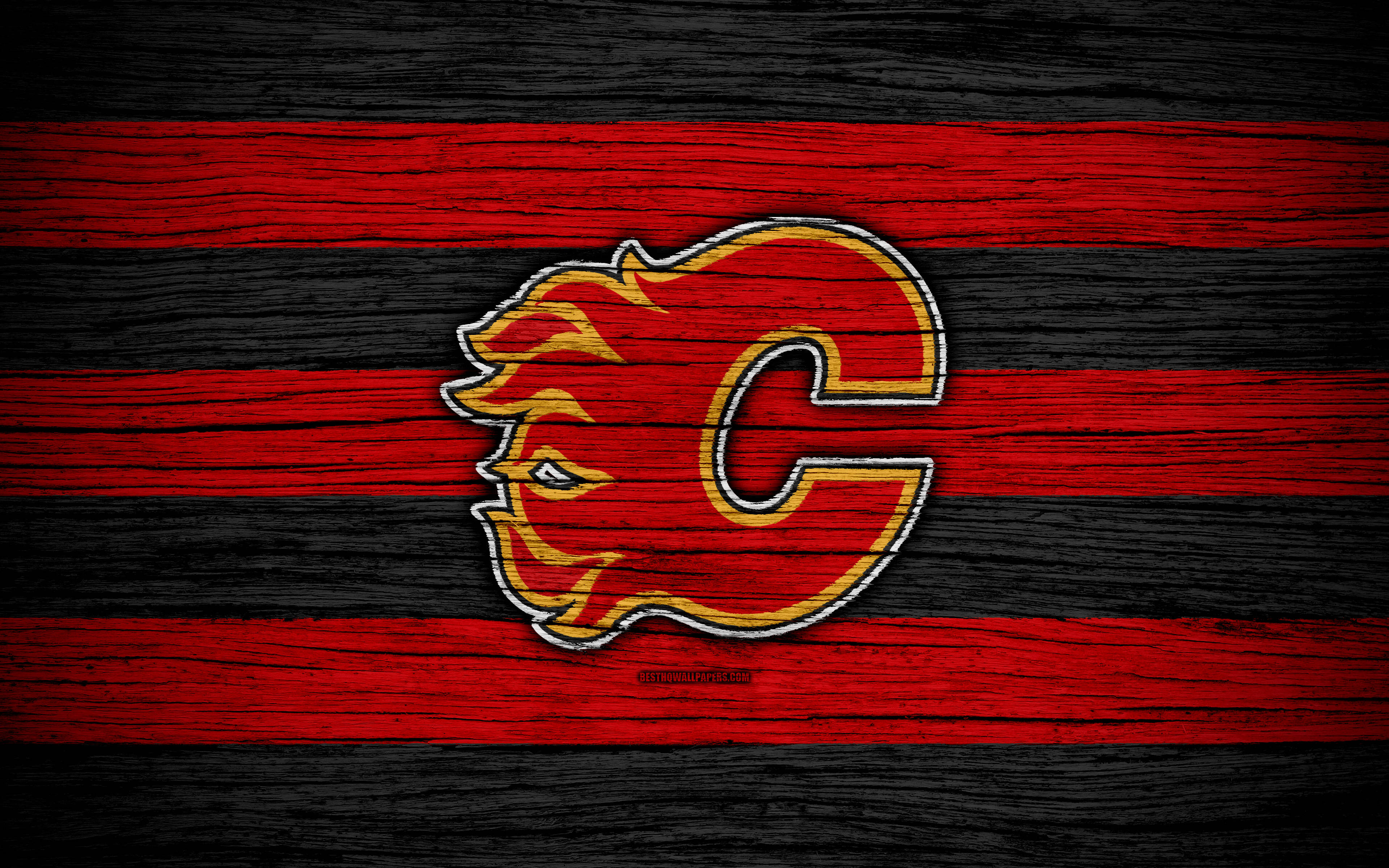Calgary Flames, fiery red, gold details, 4K Desktop Wallpaper