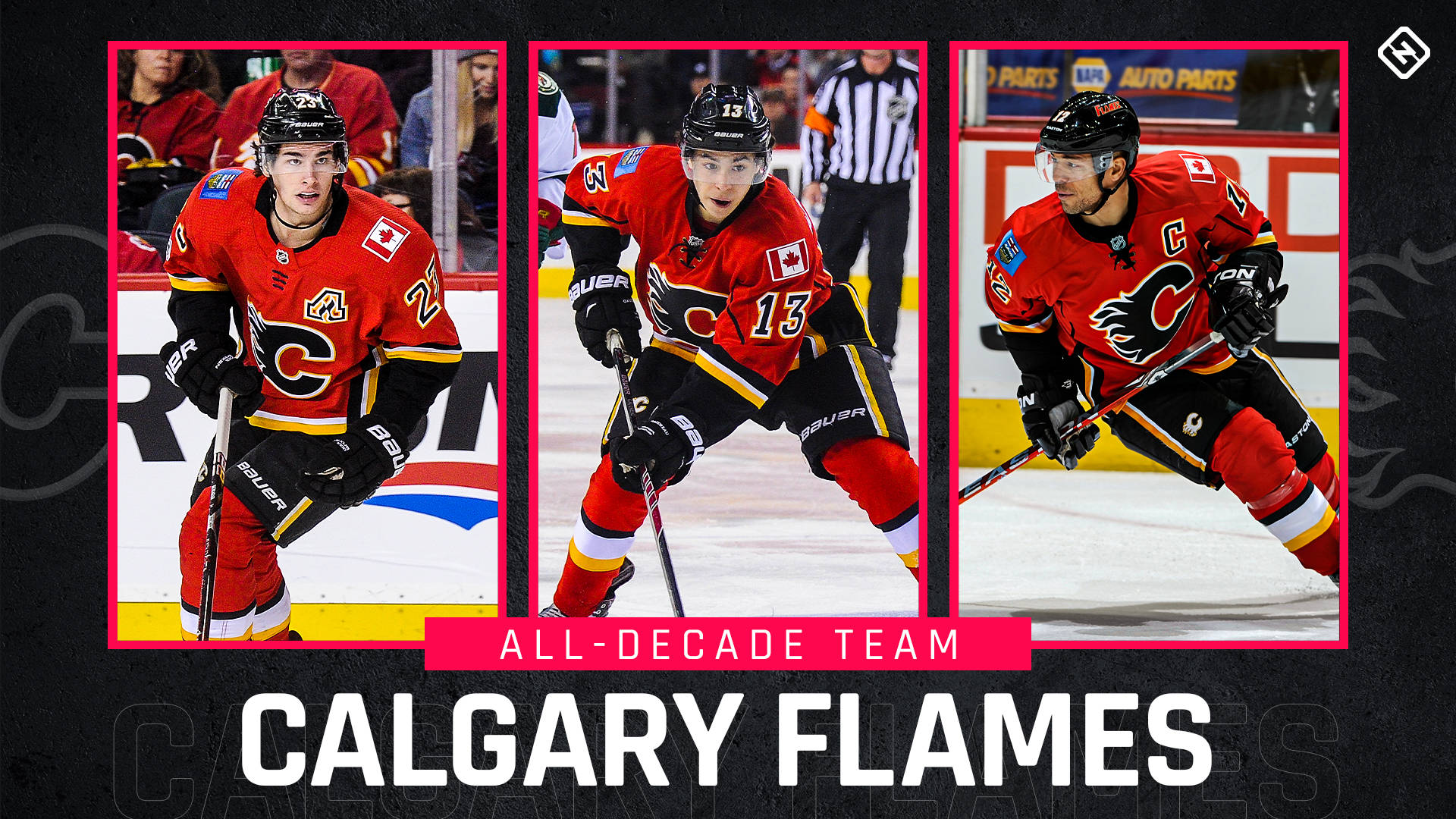 Calgary Flames, All Decade Team, red jerseys, Full HD Desktop Wallpaper