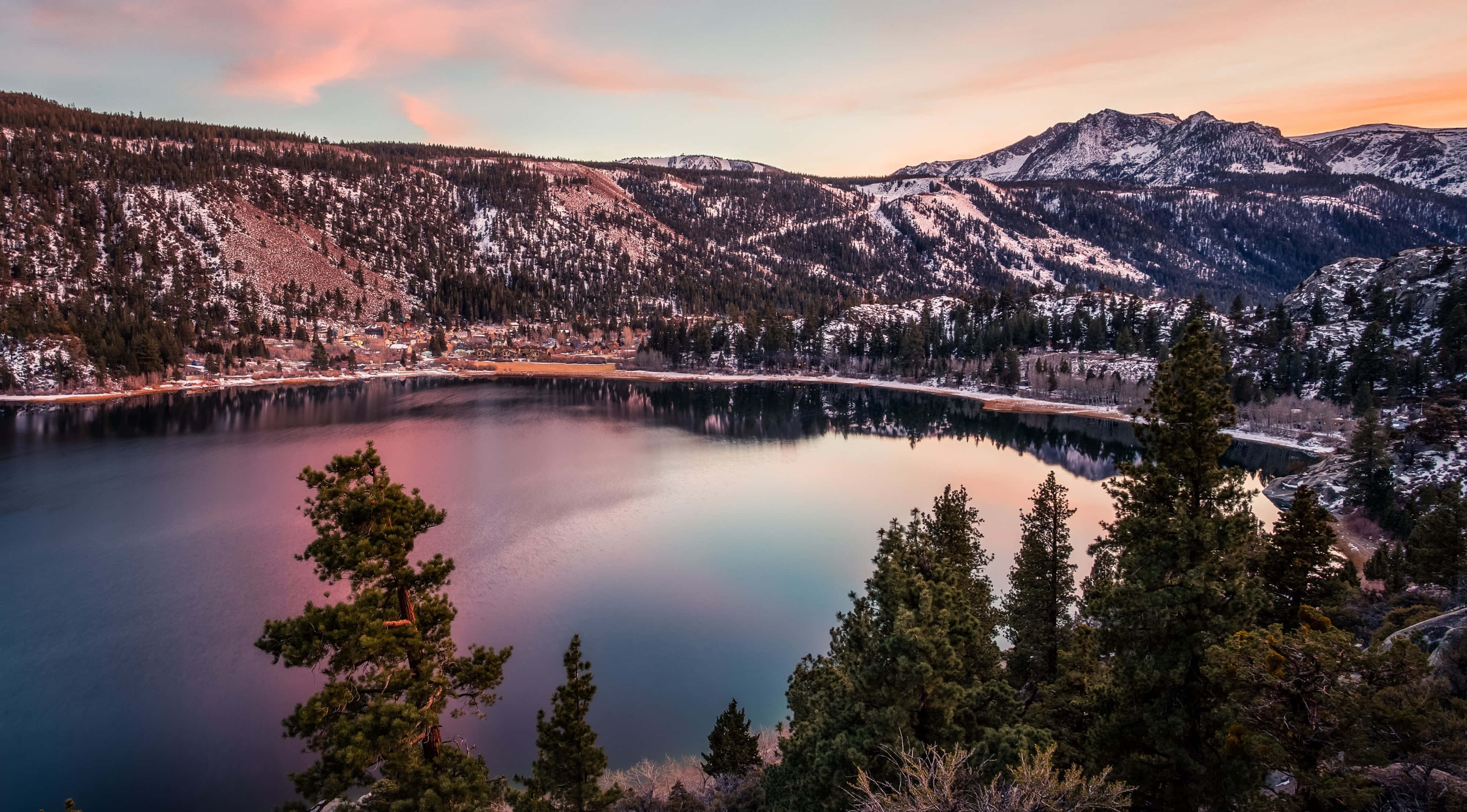 California 4K, snow-dusted mountain lake, soft pink and orange sunset sky, 4K Desktop Wallpaper