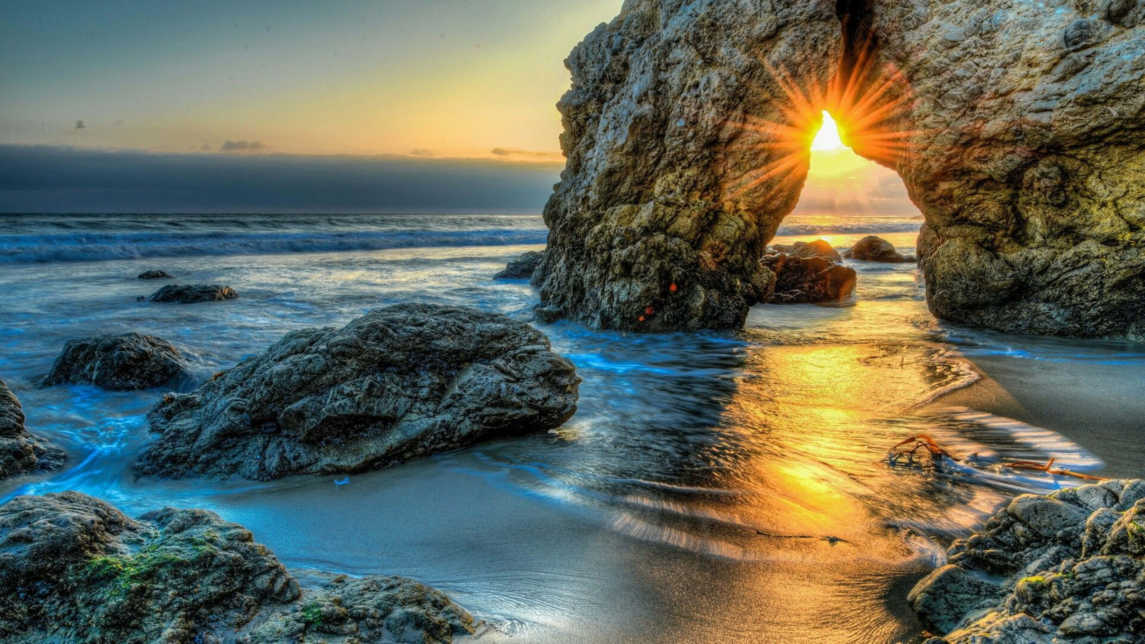 rock arch, ocean, sunset, 4K Desktop Wallpaper