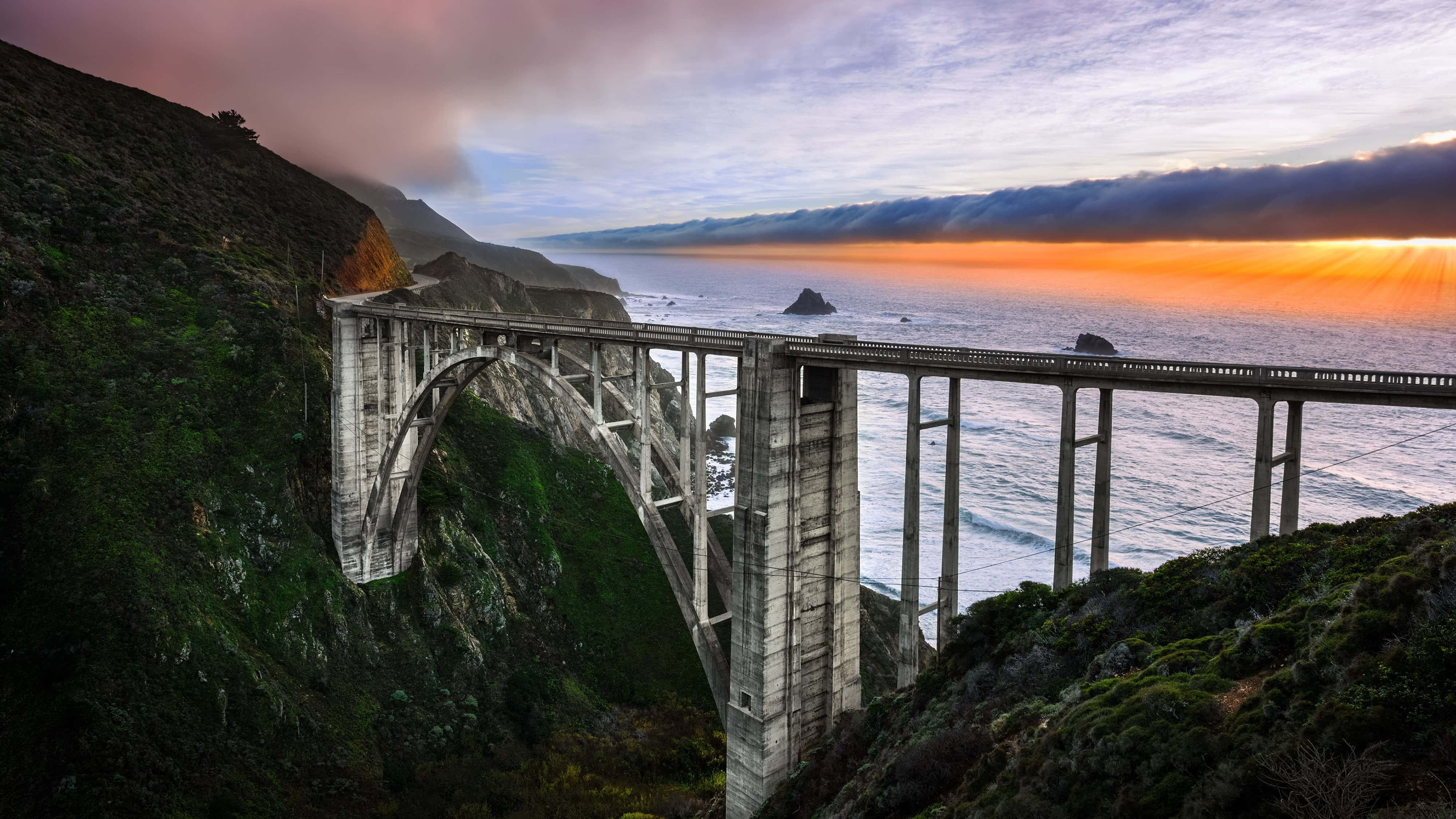 California, sunset, concrete bridge, 4K Desktop Wallpaper