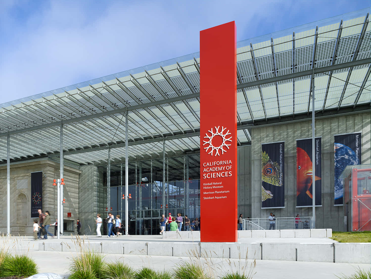 California Academy Of Sciences, glass and steel museum facade, bold red sign, HD Desktop Wallpaper