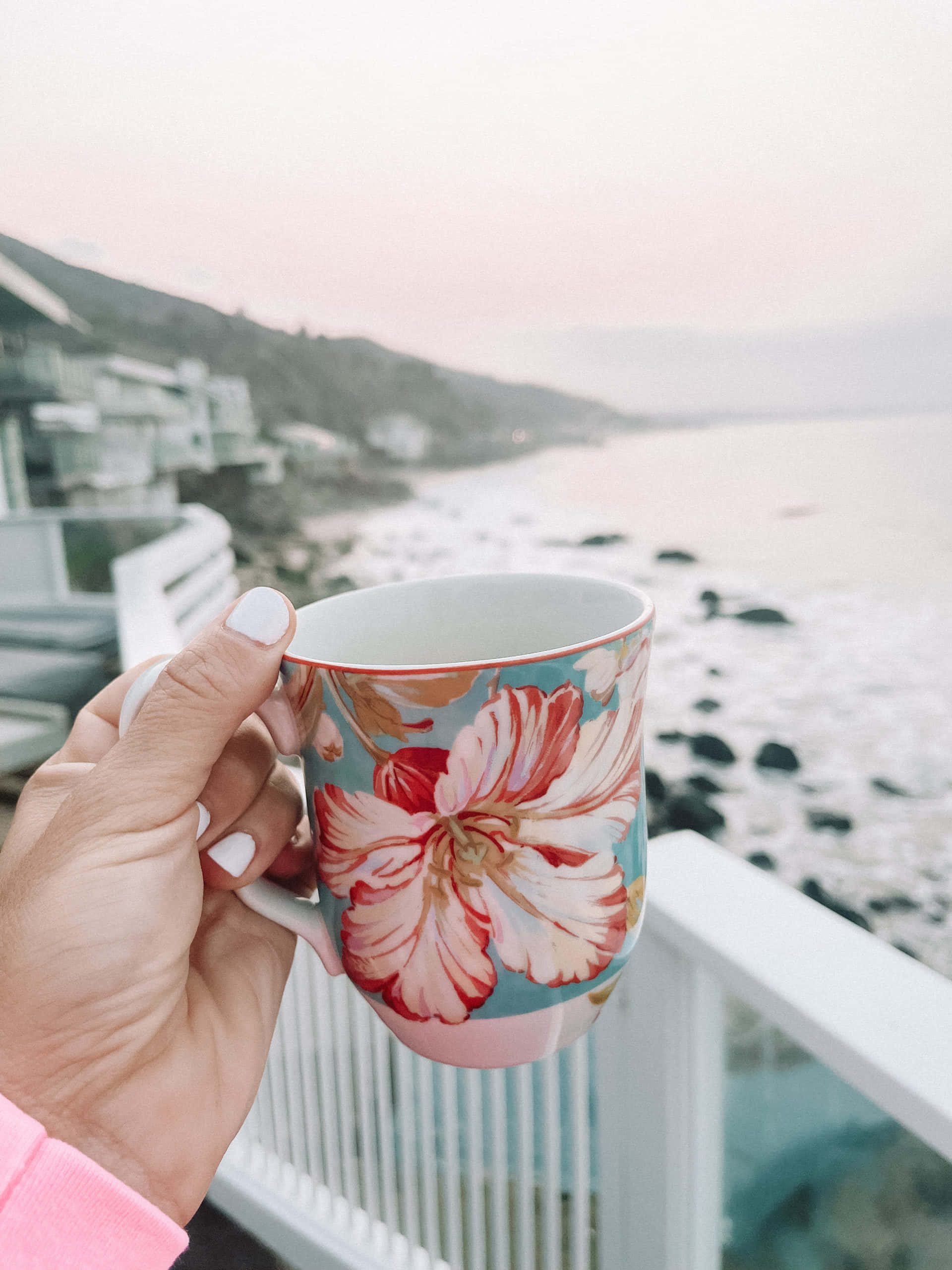 California Aesthetic, balcony, misty ocean, 2K Phone Wallpaper