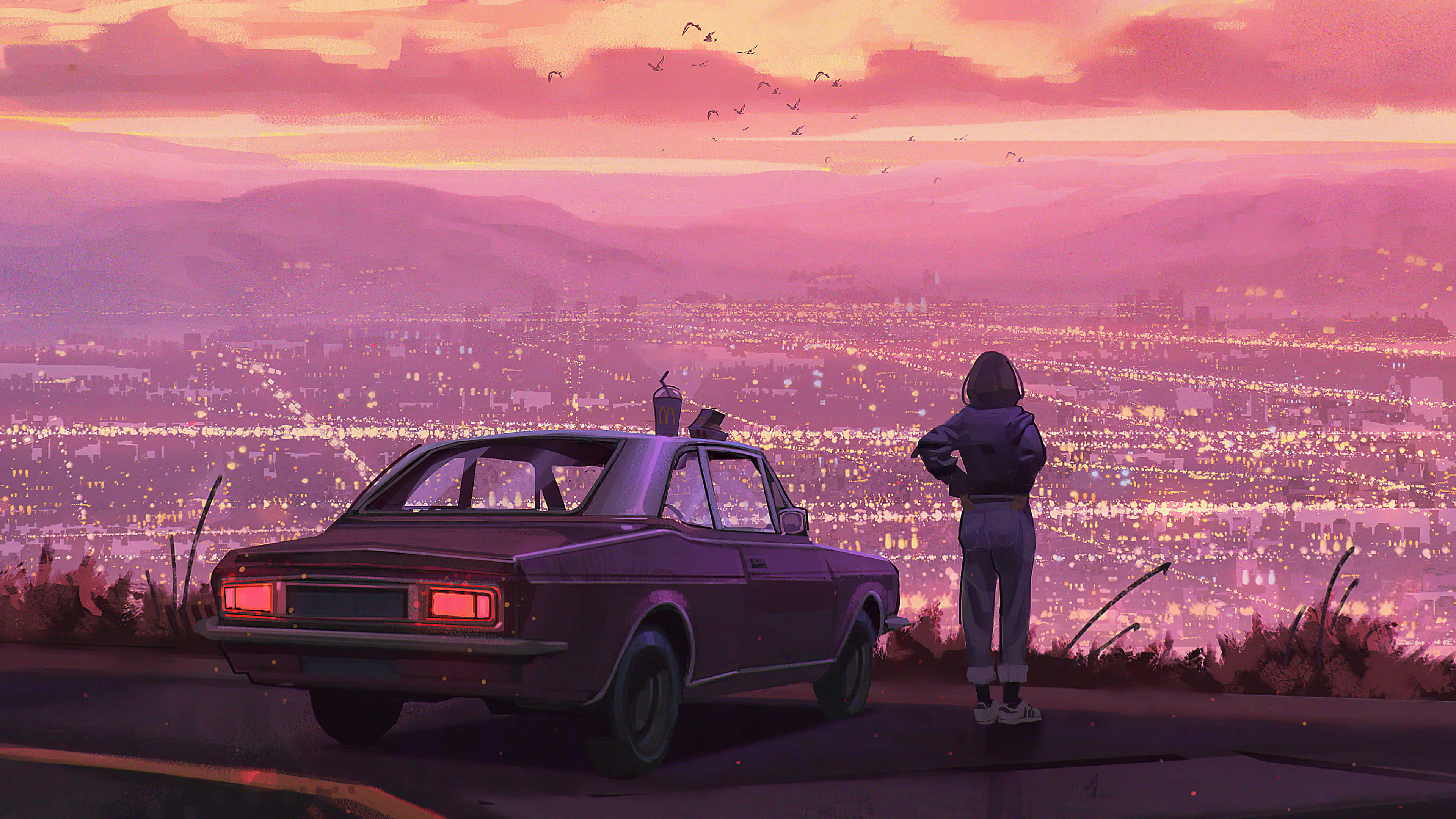 California Aesthetic, vintage car, twilight, 4K Desktop Wallpaper