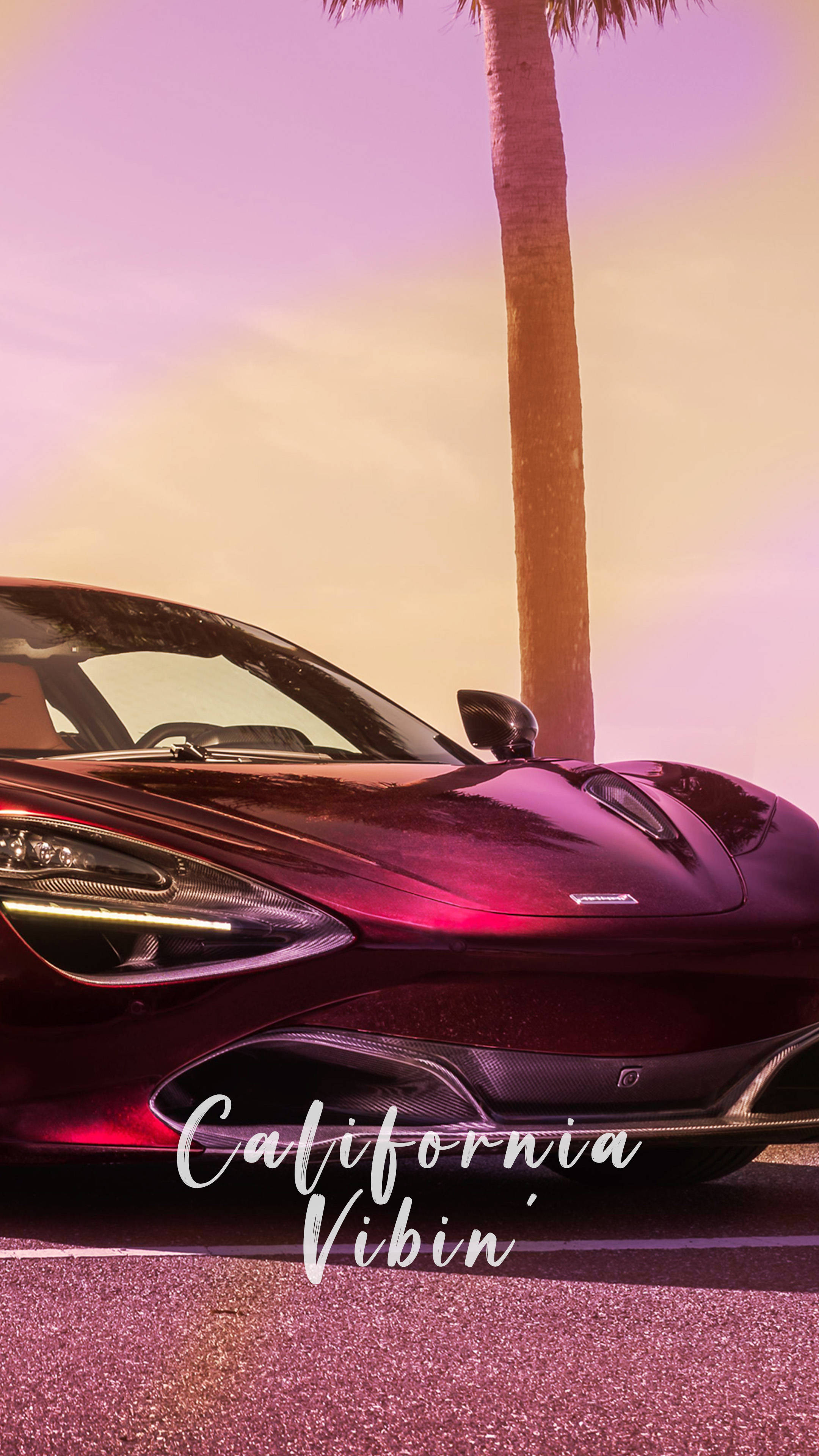maroon sports car, palm tree, pink and orange sunset sky, 4K Phone Wallpaper