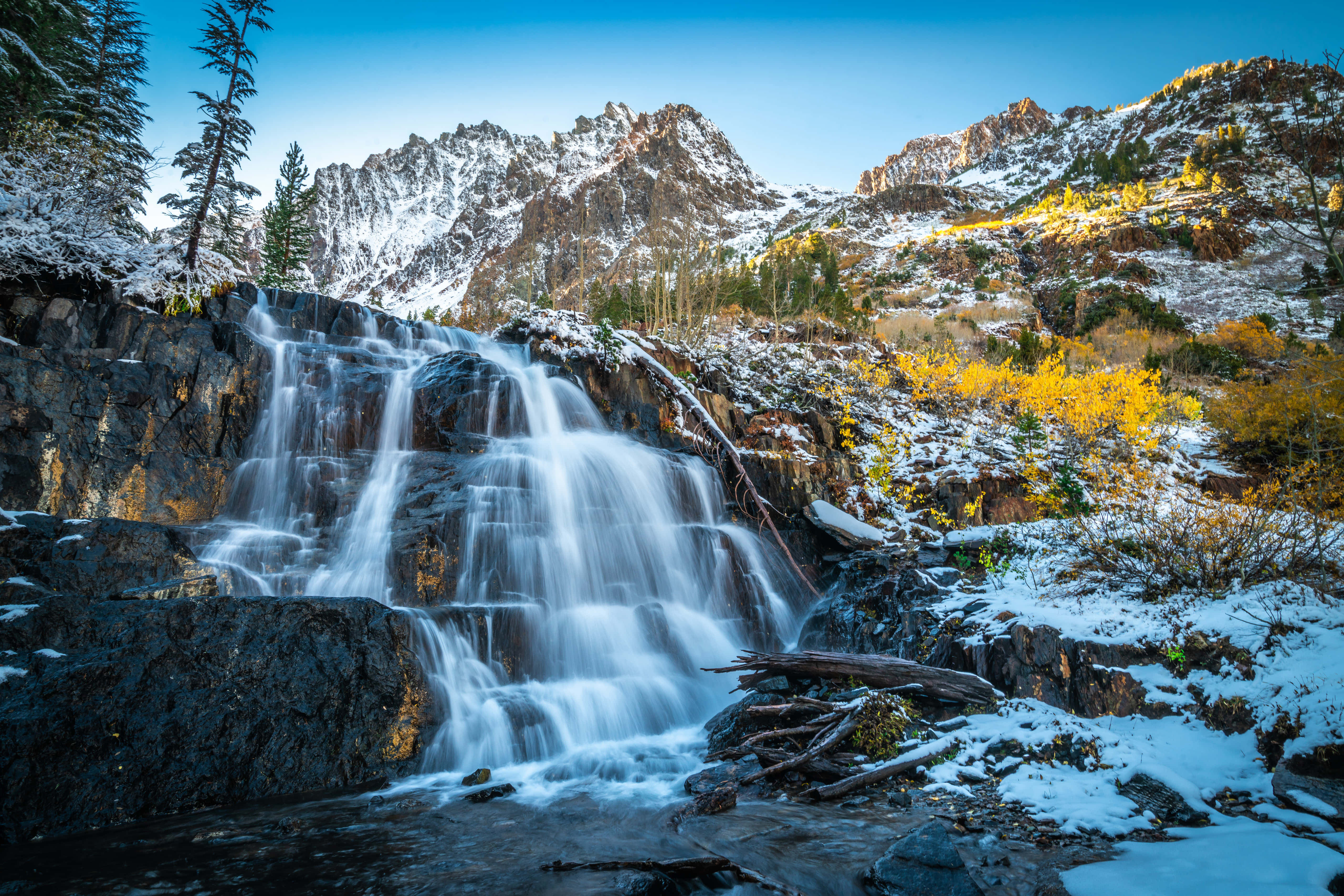California Mountains, snowy mountain valley, golden aspen trees, 5K Desktop Wallpaper