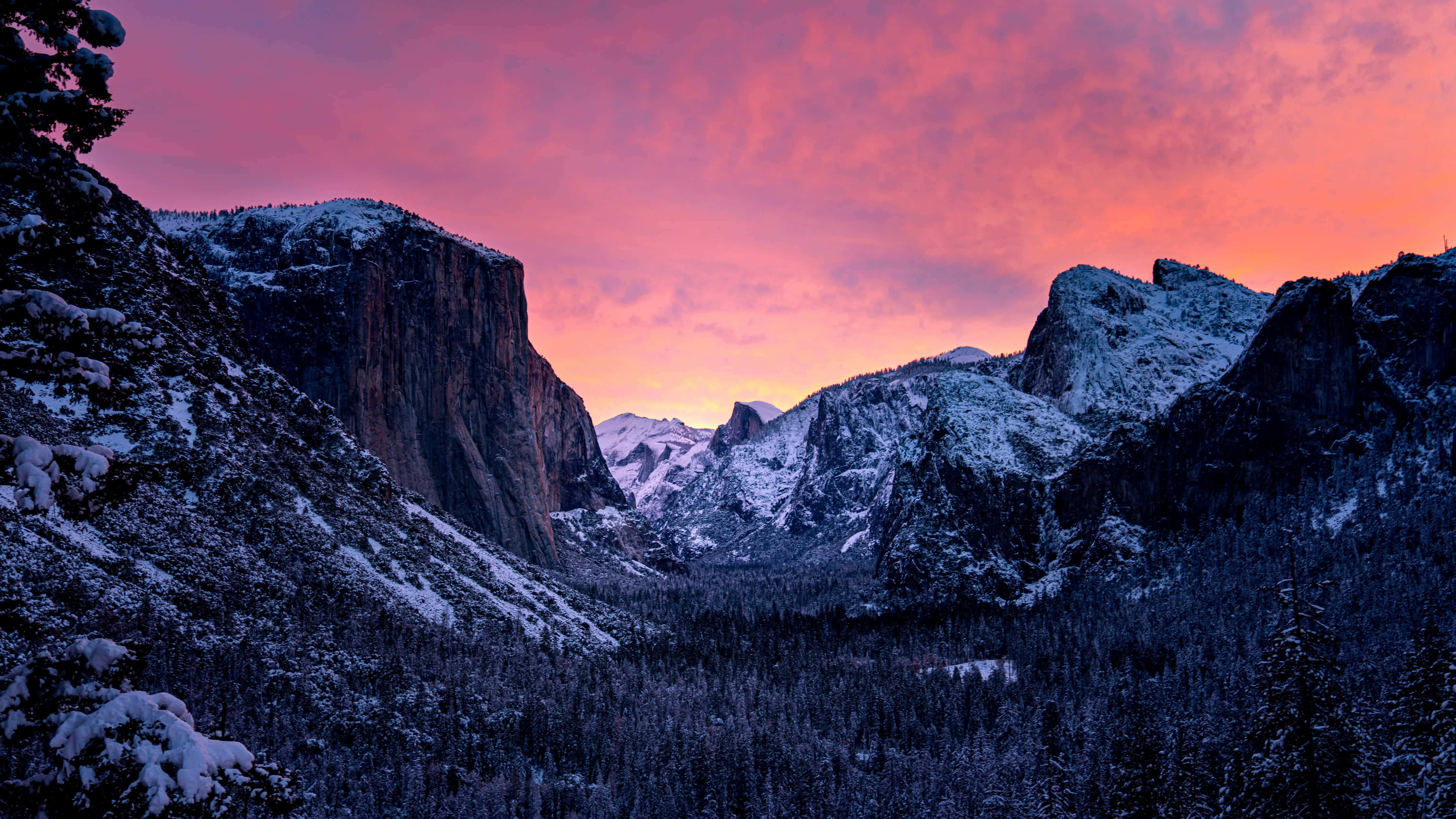 California Mountain, fiery pink and orange sunset, snowcapped mountains, 4K Desktop Wallpaper