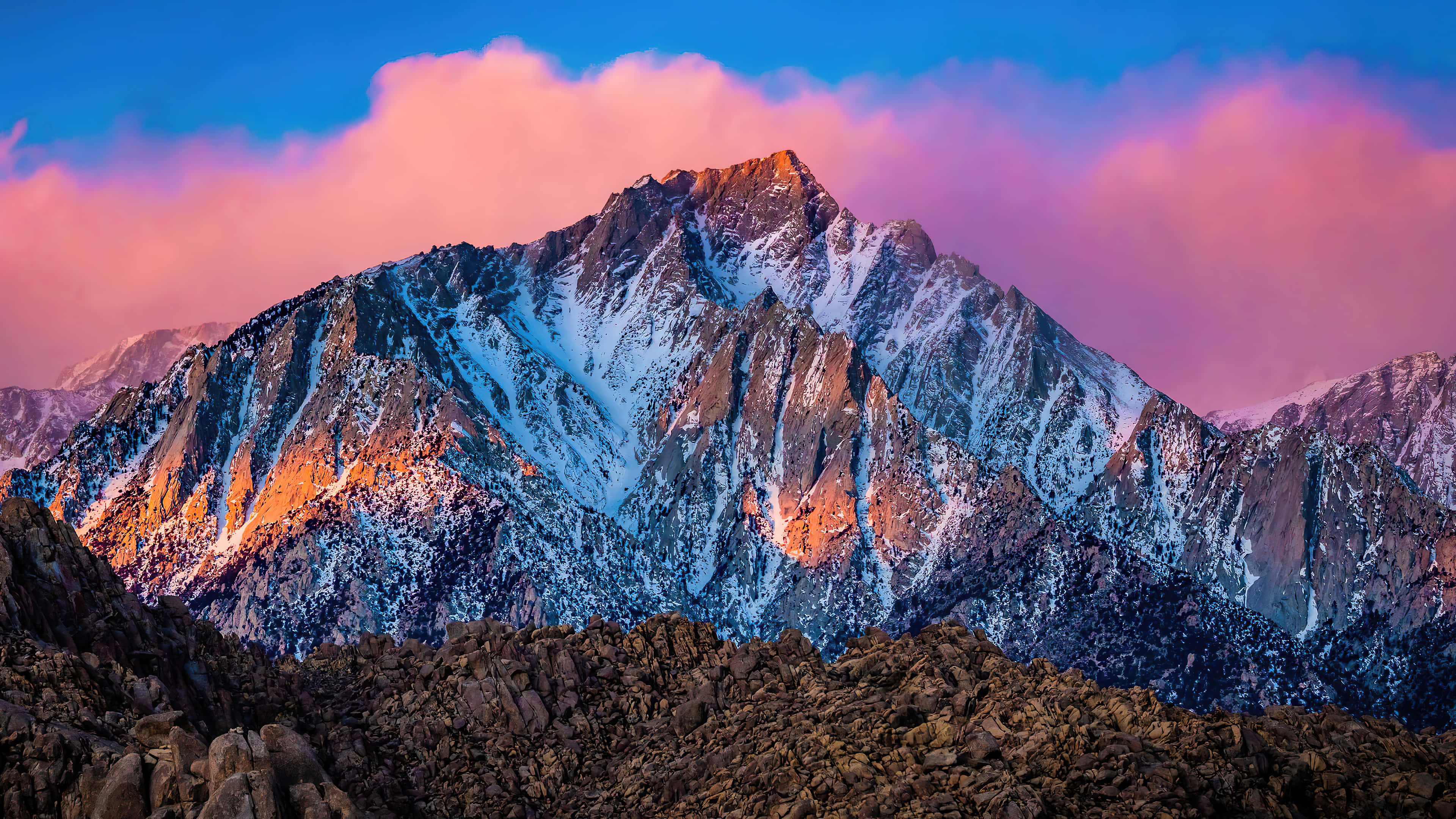 California Mountain, pink sky, snowcapped mountain peak, 4K Desktop Wallpaper