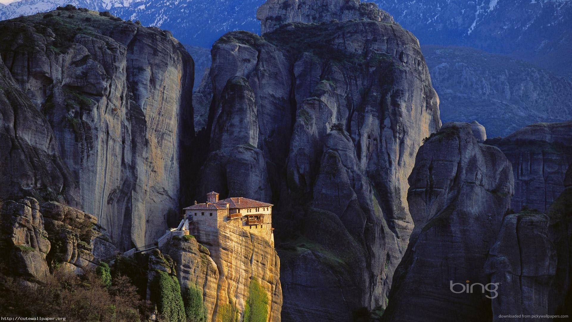 monastery, sunlit cliff face, towering grey rock formations, Full HD Desktop Wallpaper