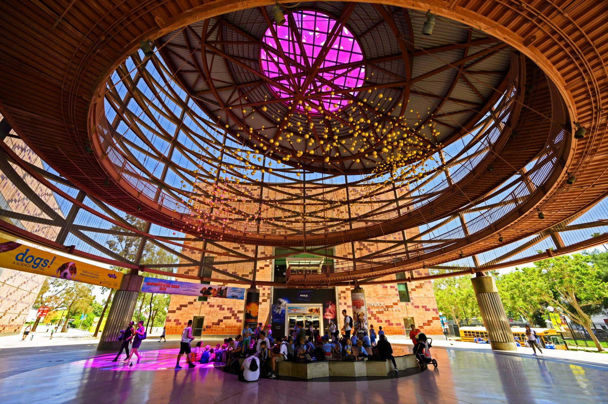 California Science Center, entrance canopy, glowing pink circular skylight, Full HD Desktop Wallpaper