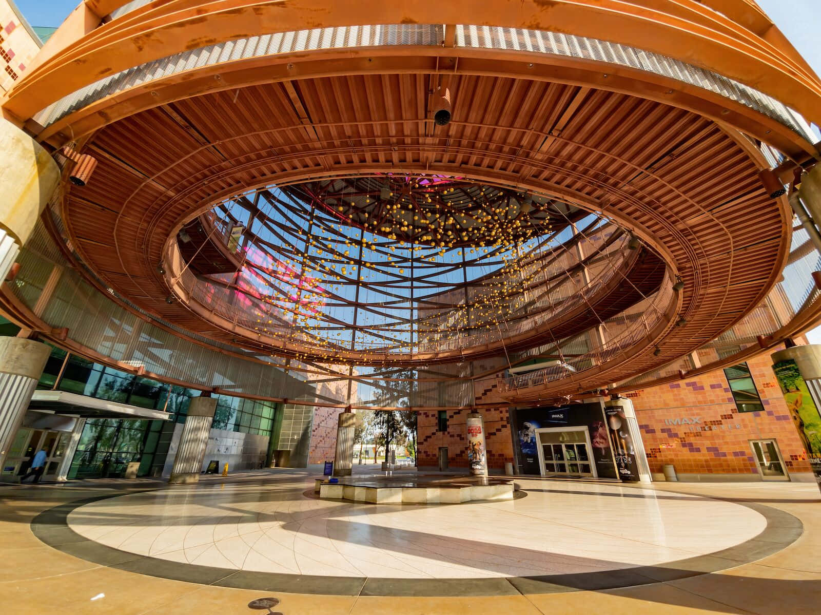 California Science Center, fisheye view, modern circular mall atrium, HD Desktop Wallpaper