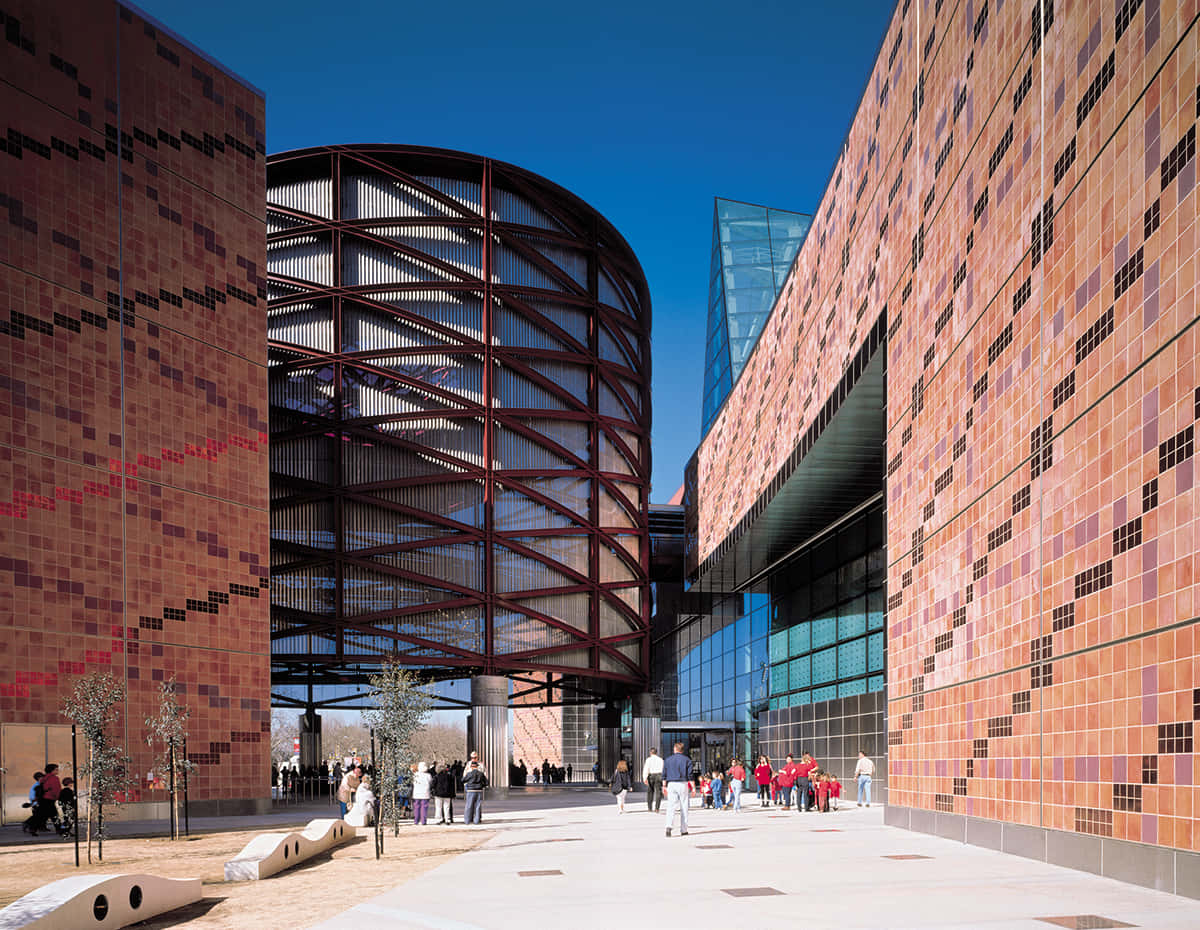 California Science Center, curved steel and glass structure, terracotta-tiled buildings, SD Desktop Wallpaper