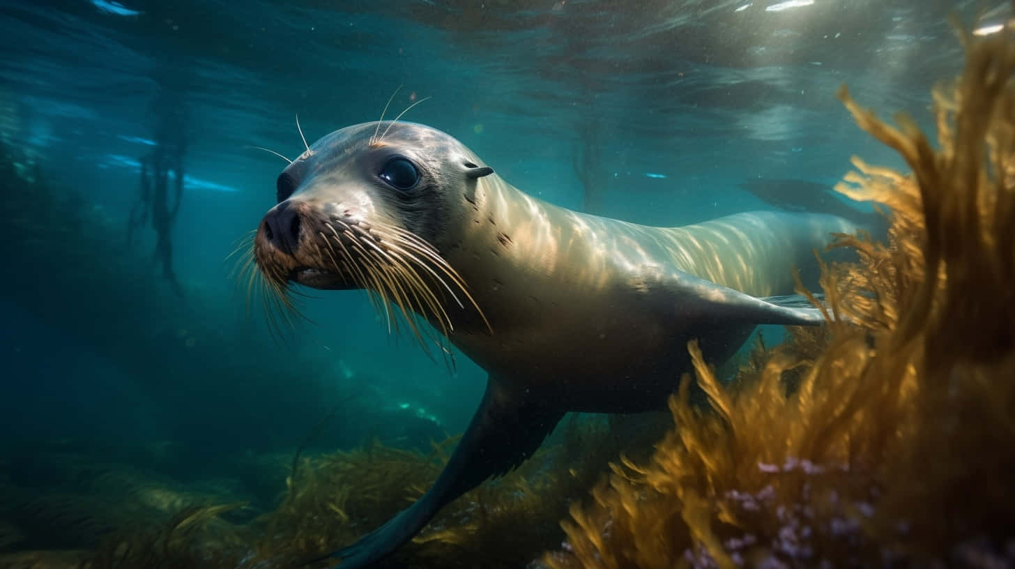 California Sea Lion, sunlit turquoise waters, swaying golden kelp, HD Desktop Wallpaper