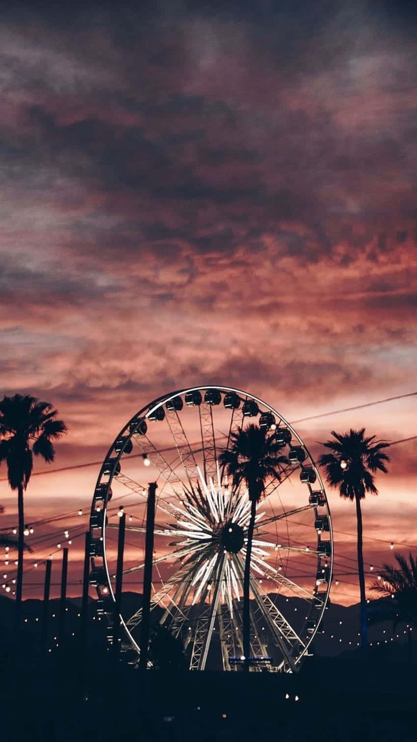 Ferris wheel, fiery sunset, pink and purple clouds, HD Phone Wallpaper