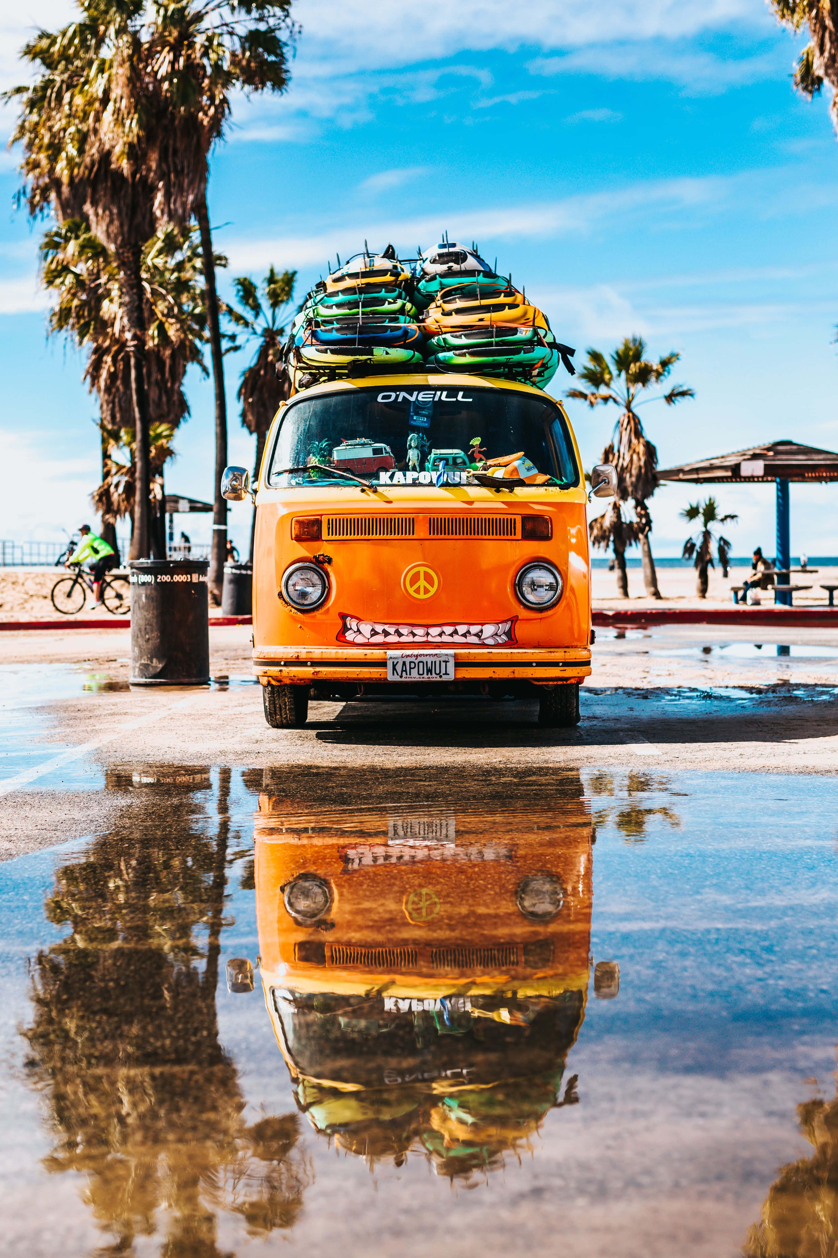 California Summer, bright orange vintage van, surfboards, 5K Phone Wallpaper