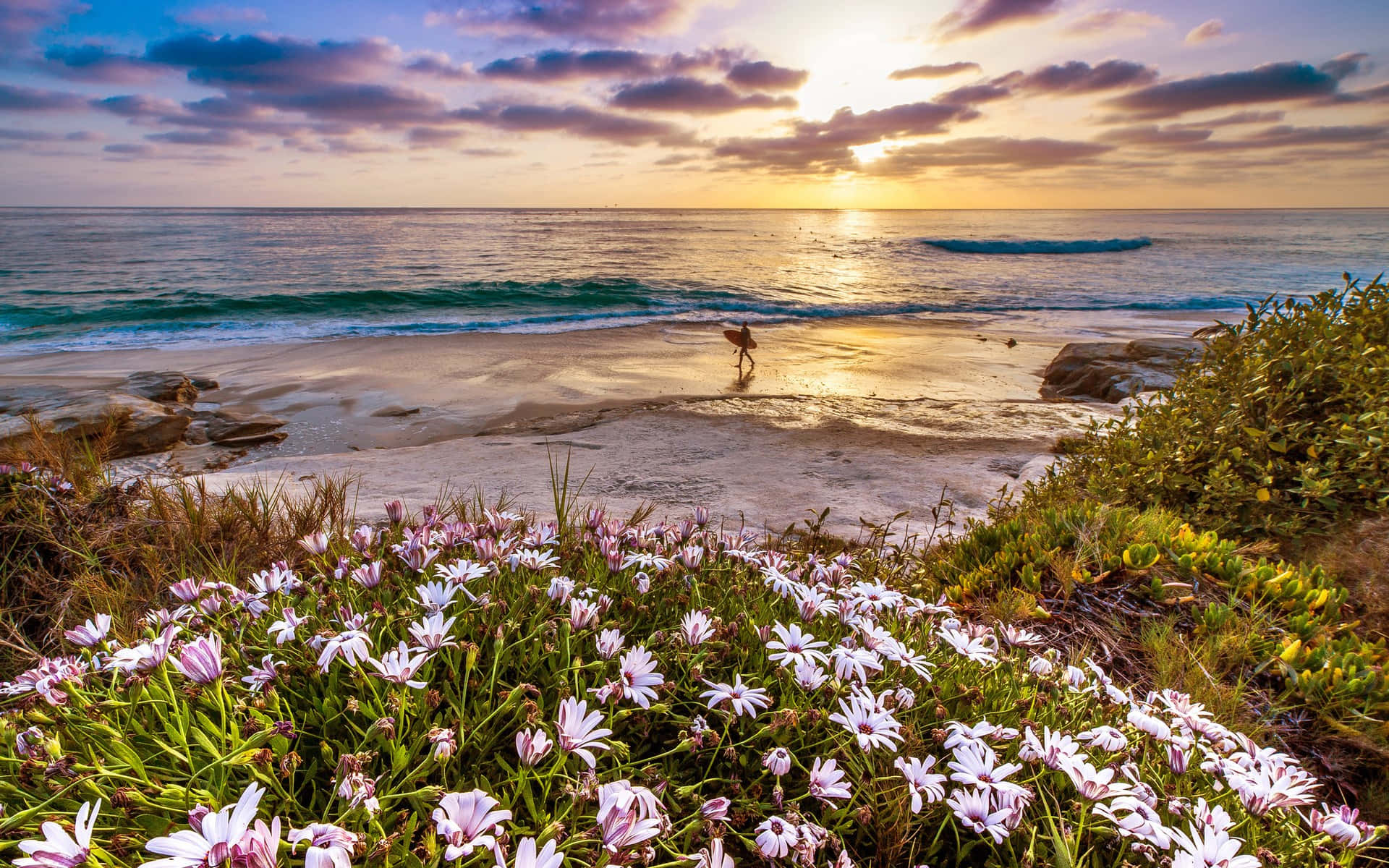 California, sunset, surfer, Full HD Desktop Wallpaper