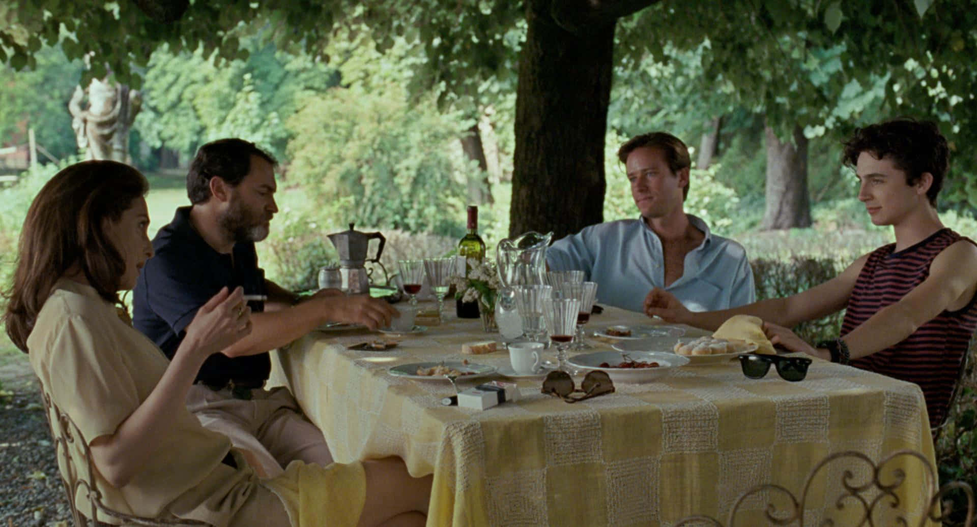 Call Me By Your Name, checkered yellow tablecloth, leafy trees, Full HD Desktop Wallpaper