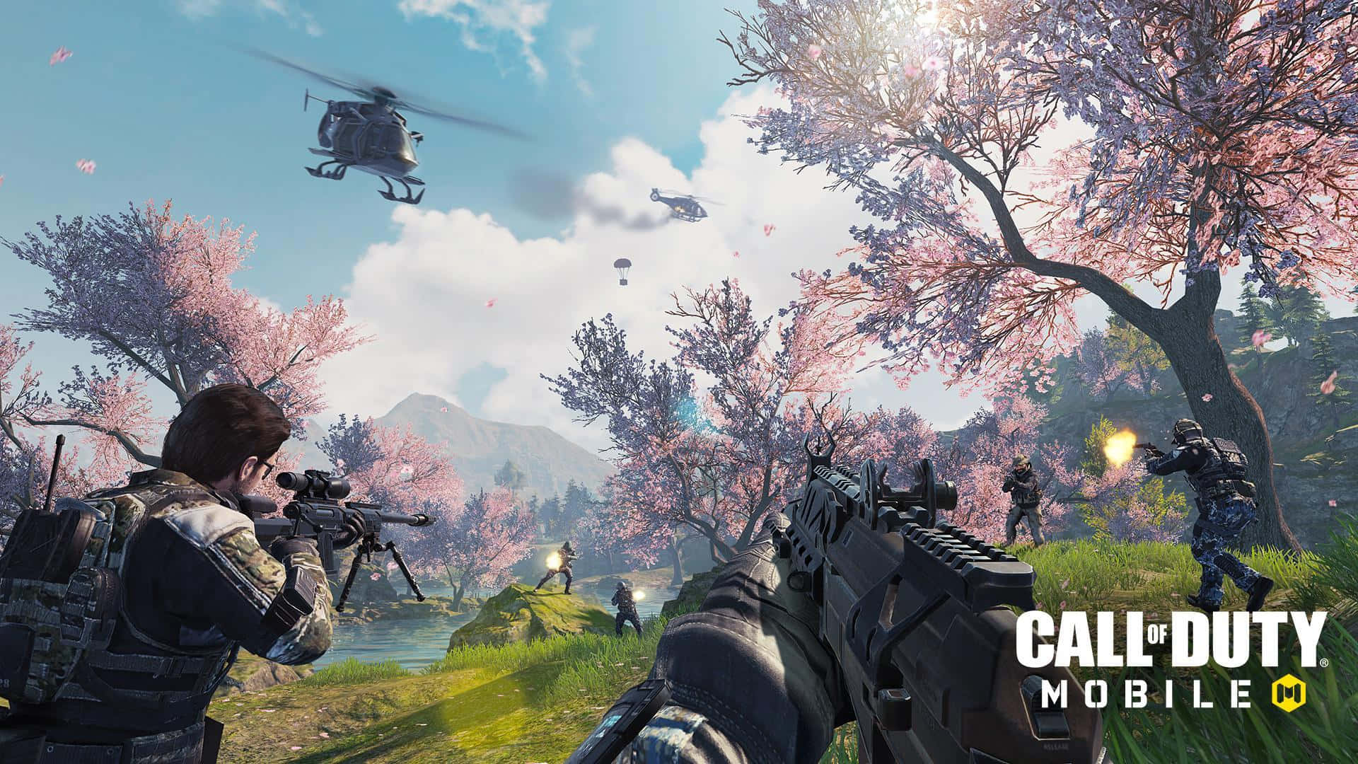 Call Of Duty Battles, cherry blossom trees, soldiers, Full HD Desktop Wallpaper