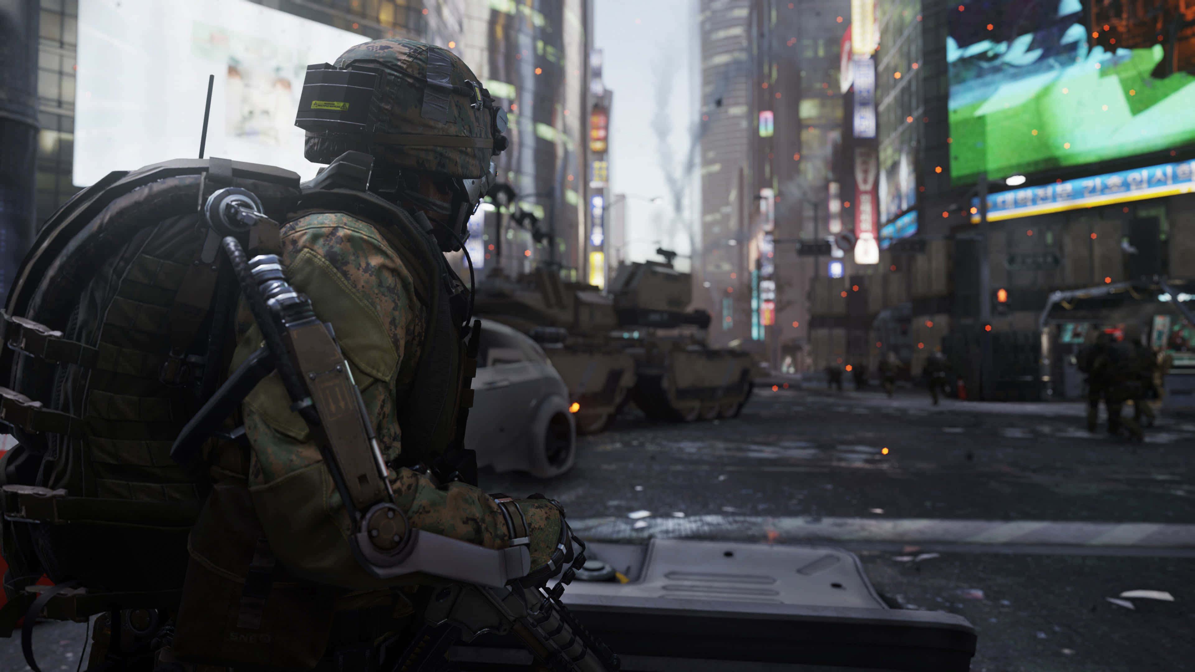 Call Of Duty Battles, futuristic city street, rain-slicked, 4K Desktop Wallpaper