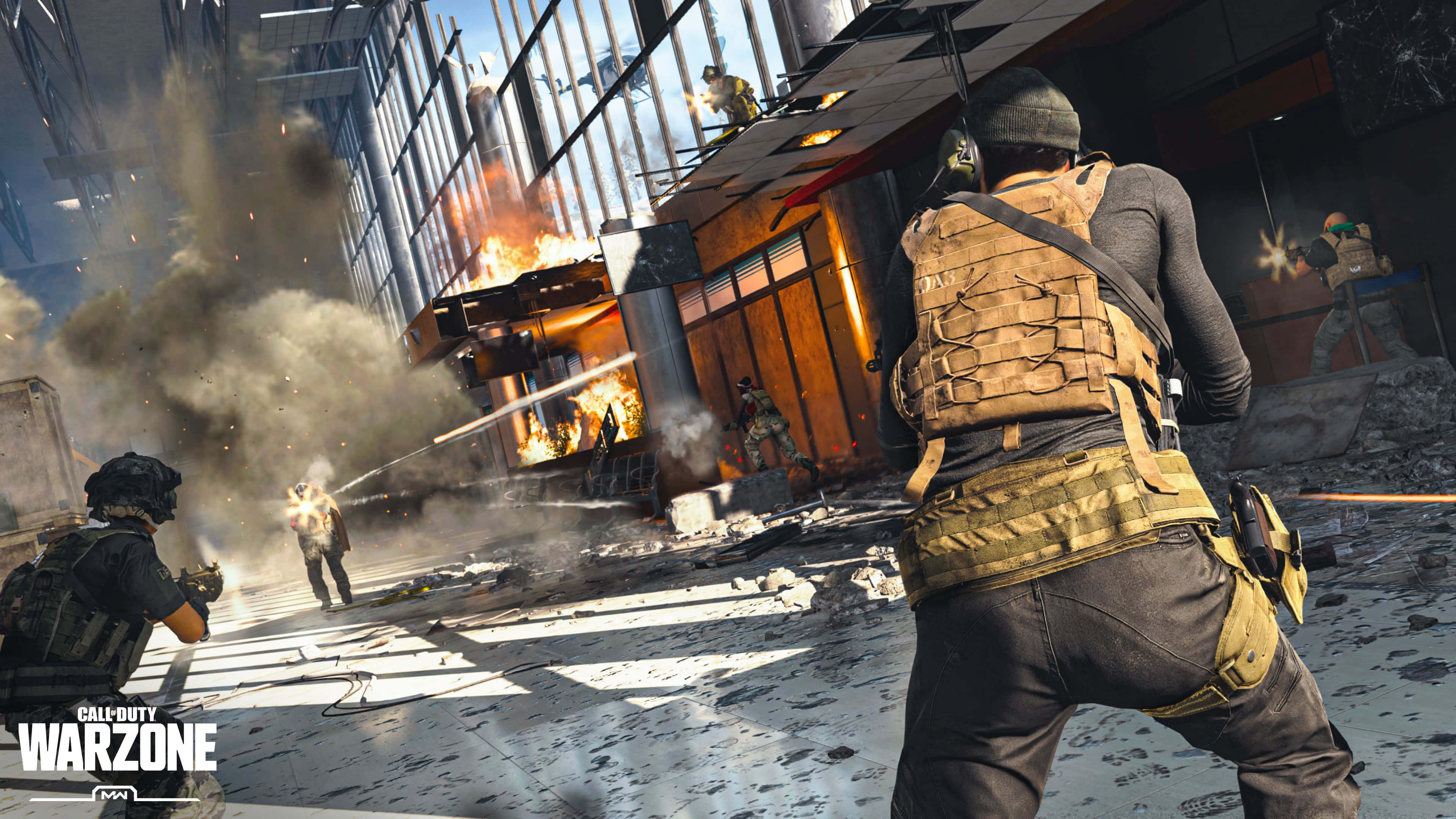 Call Of Duty Battles, tactical gear, burning urban ruin, 4K Desktop Wallpaper