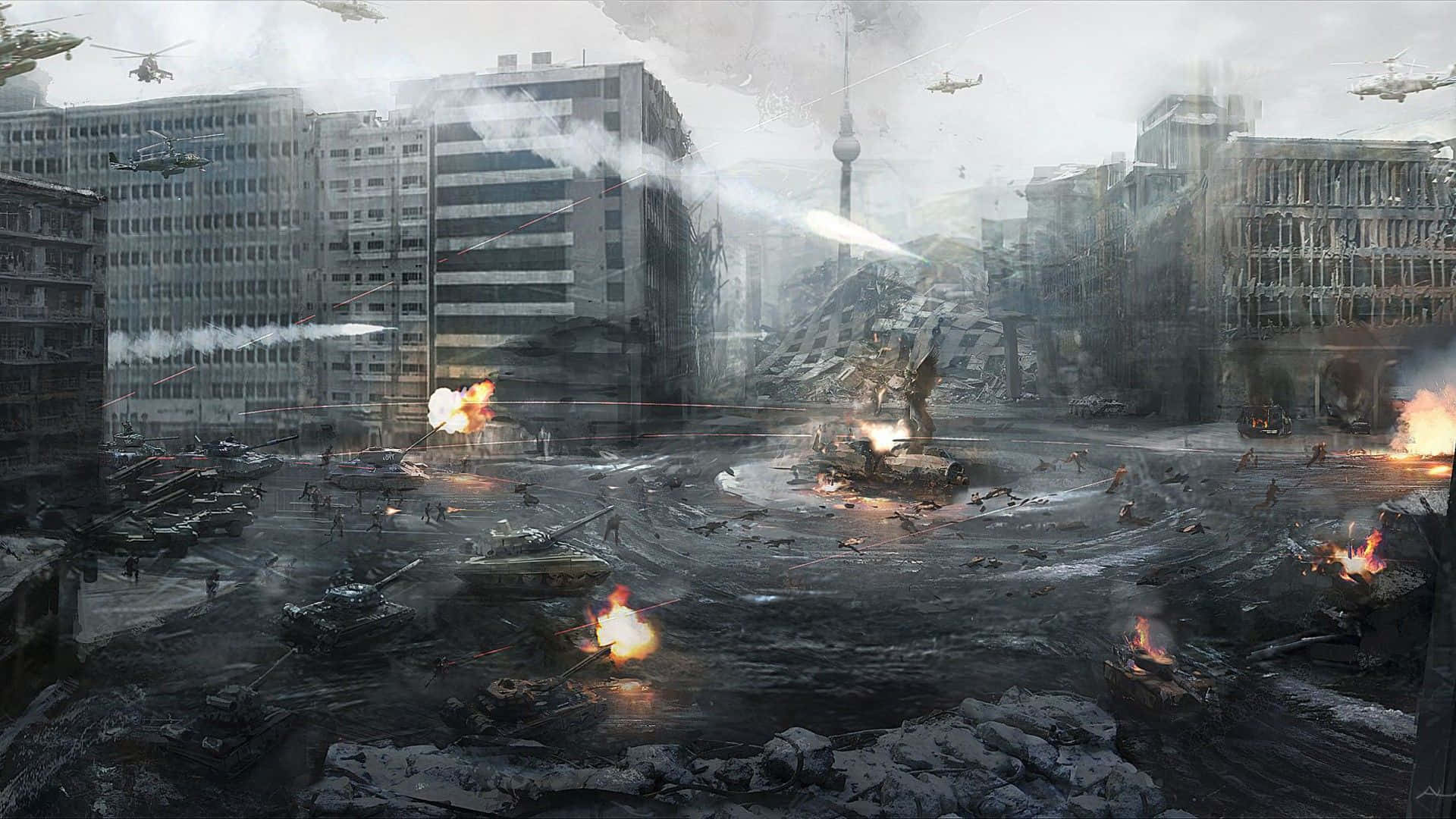 Call Of Duty Battles, war-torn cityscape, burning tanks, Full HD Desktop Wallpaper