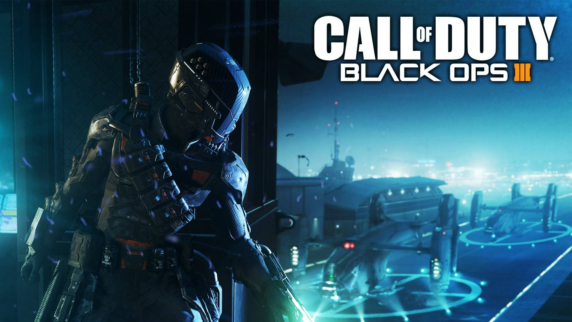 Call Of Duty: Black Ops 3, futuristic armor, glowing blue sci-fi cityscape, Full HD Desktop Wallpaper