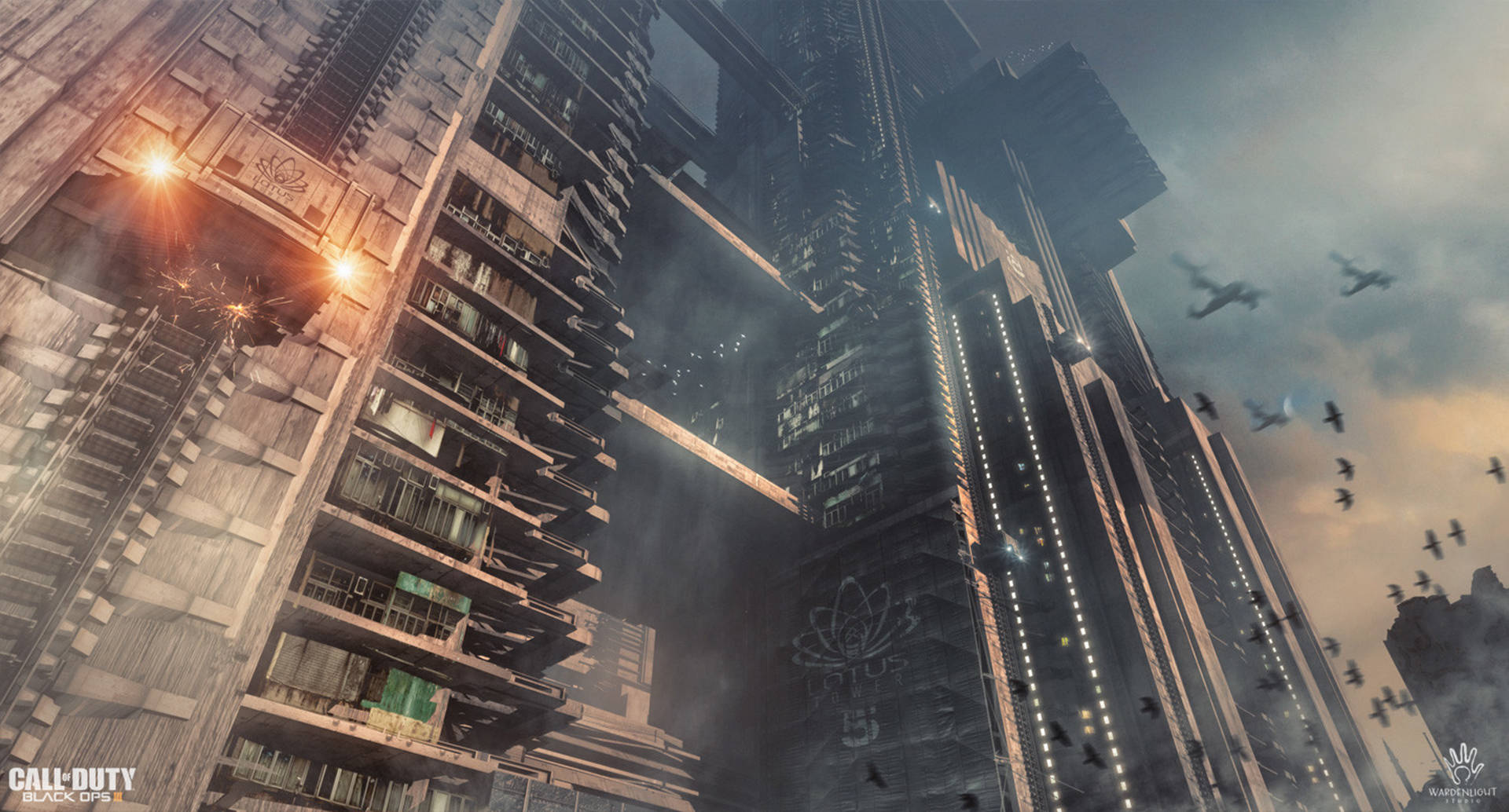 Call Of Duty Black Ops 3, futuristic skyscrapers, smoky twilight sky, Full HD Desktop Wallpaper