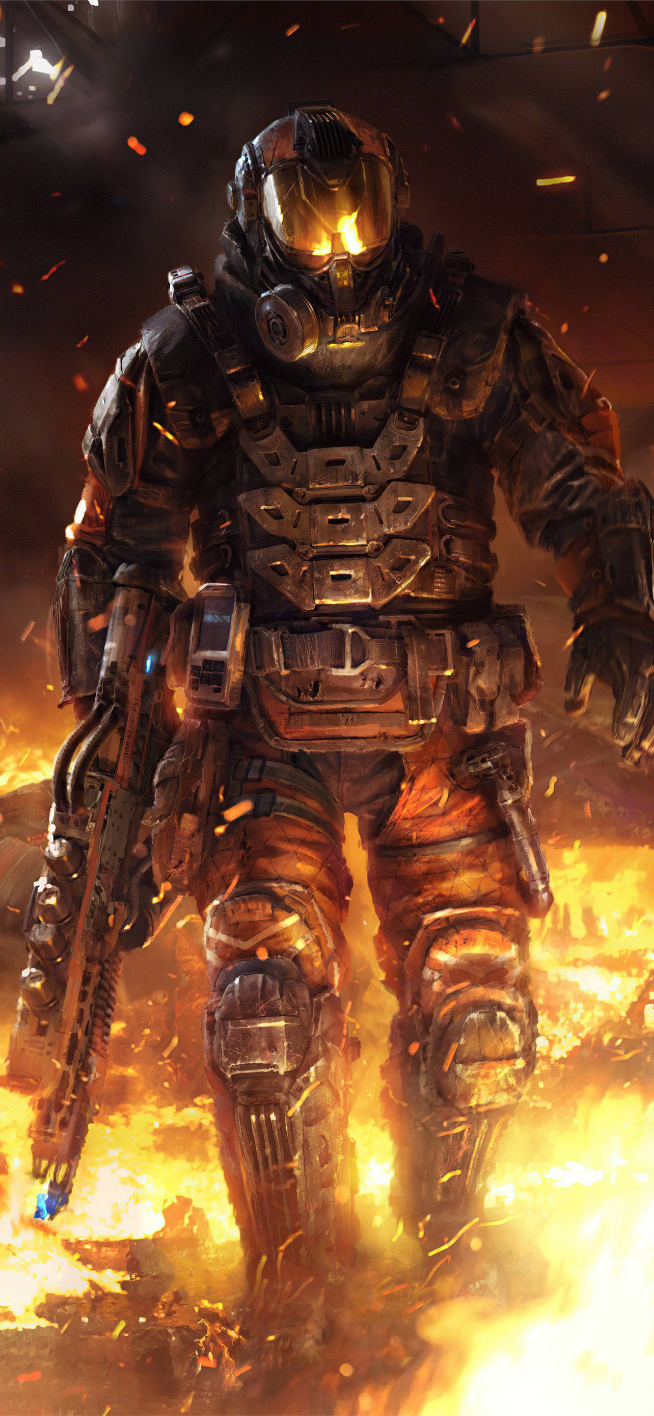 Call of Duty: Black Ops 3, heavily armored soldier, fiery battlefield, 2K Phone Wallpaper