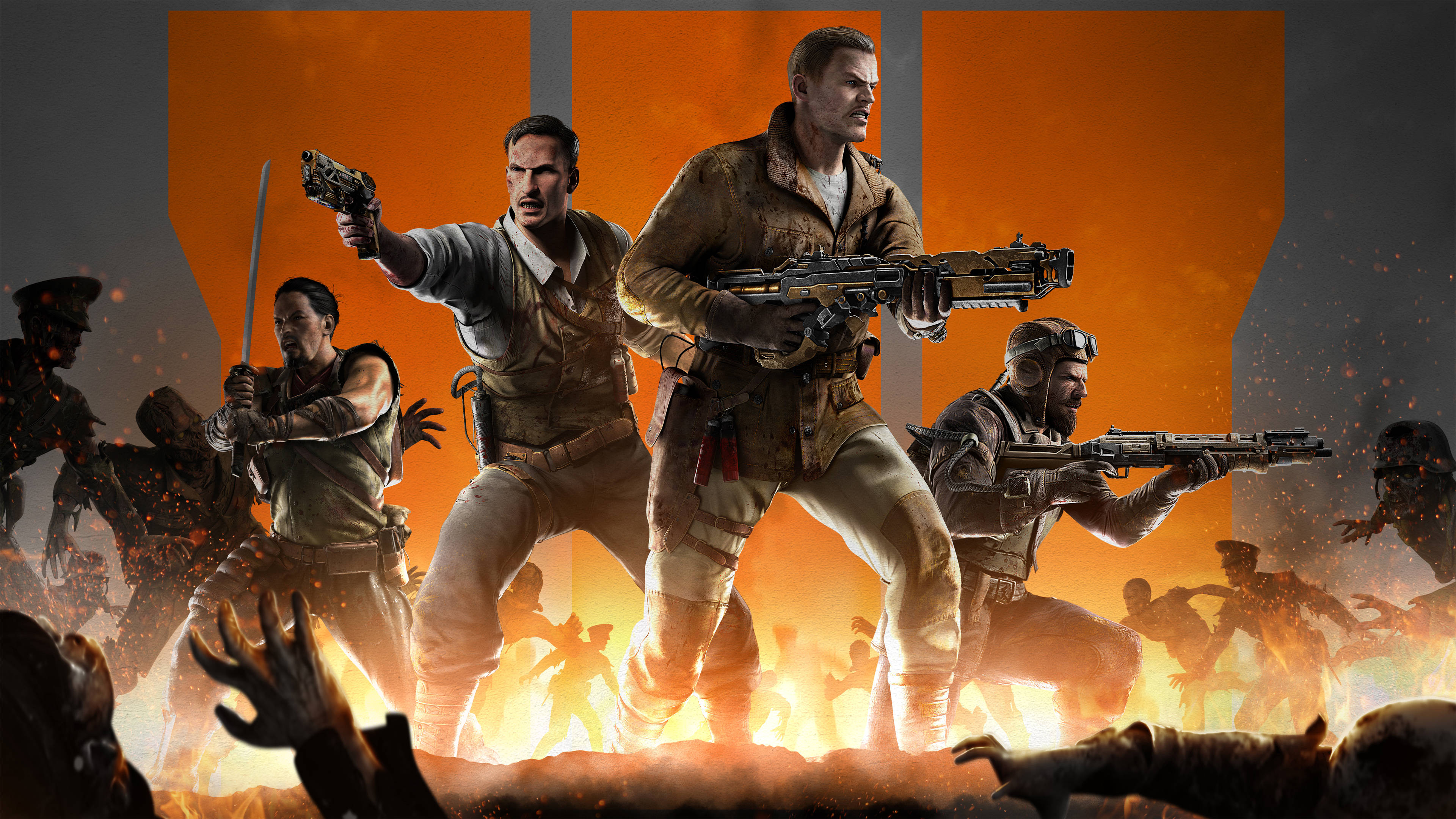 Call Of Duty Black Ops 3, zombie-like figures, fiery orange backdrop, 4K Desktop Wallpaper