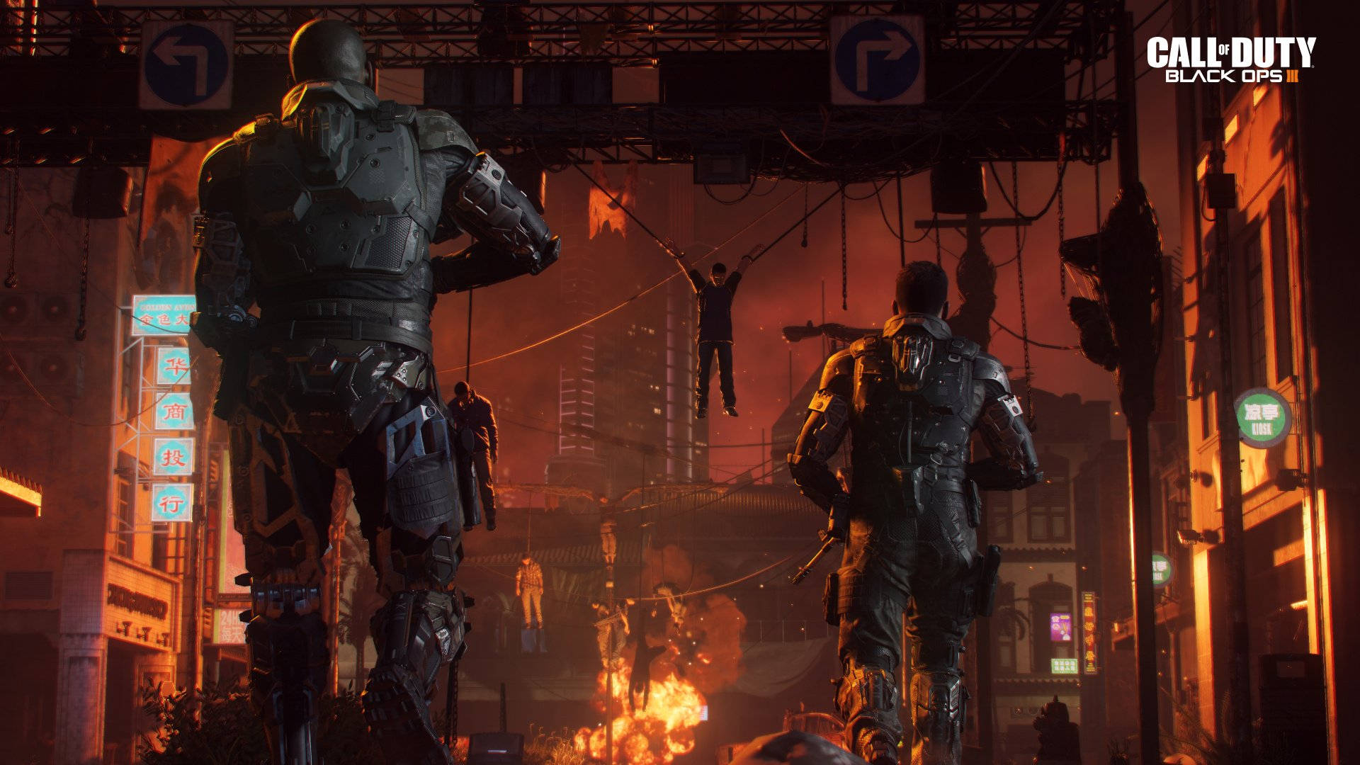 Call of Duty: Black Ops 3, tactical gear, fiery urban alley, Full HD Desktop Wallpaper