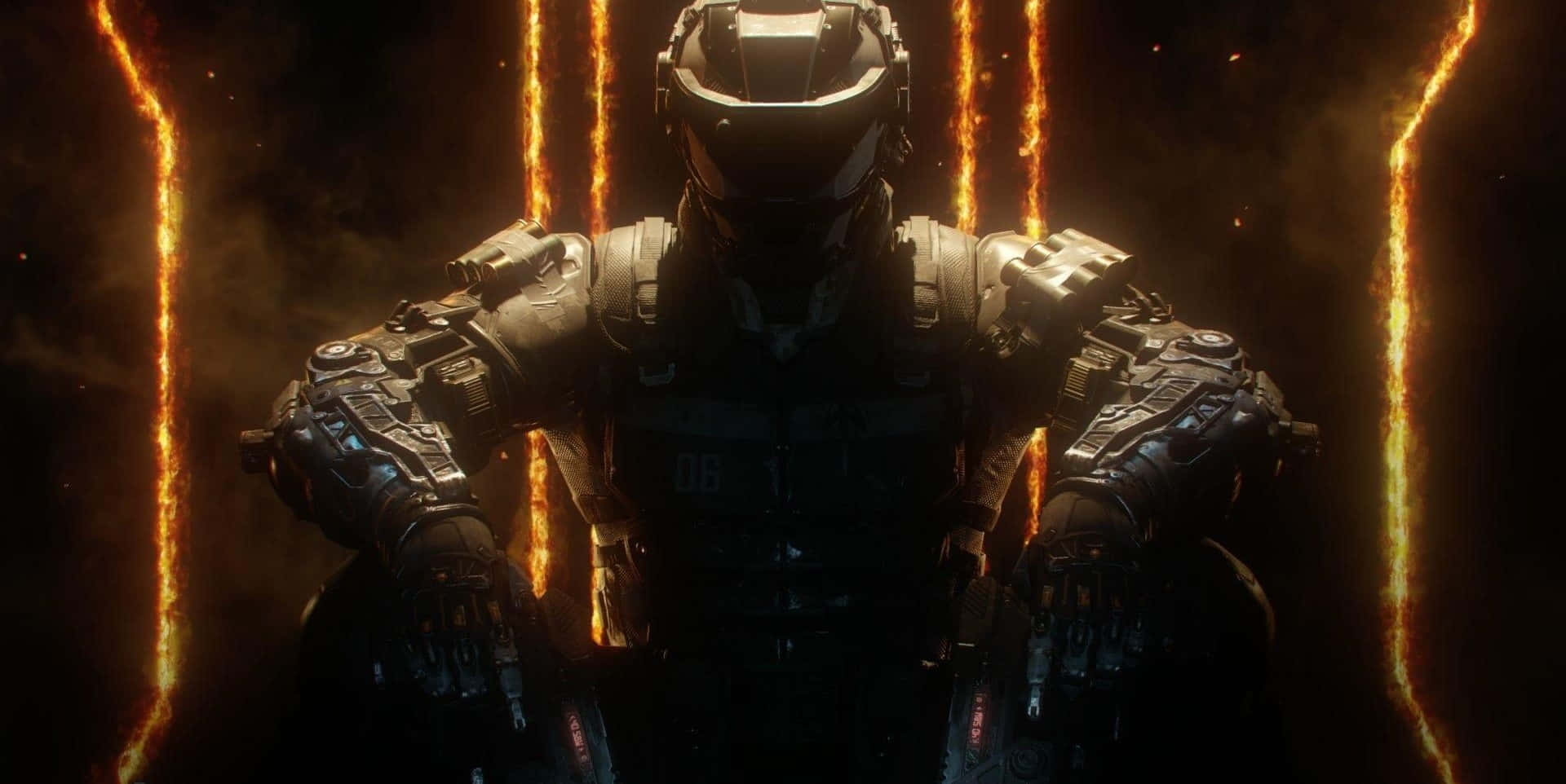 Call of Duty: Black Ops 3, dark armored soldier, glowing orange energy beams, Full HD Desktop Wallpaper