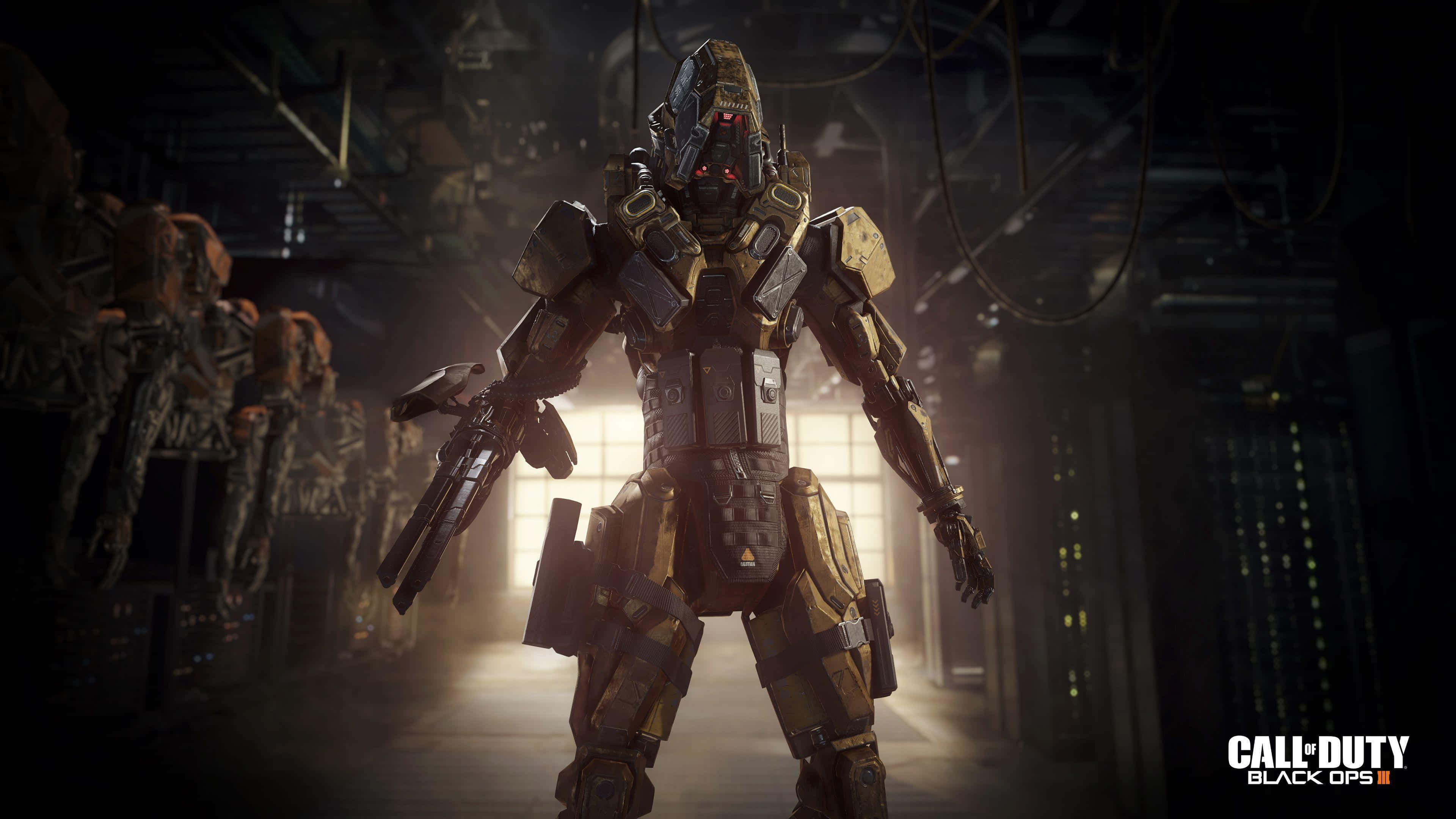 Call Of Duty: Black Ops 3, heavily armored soldier, dim industrial corridor, 4K Desktop Wallpaper