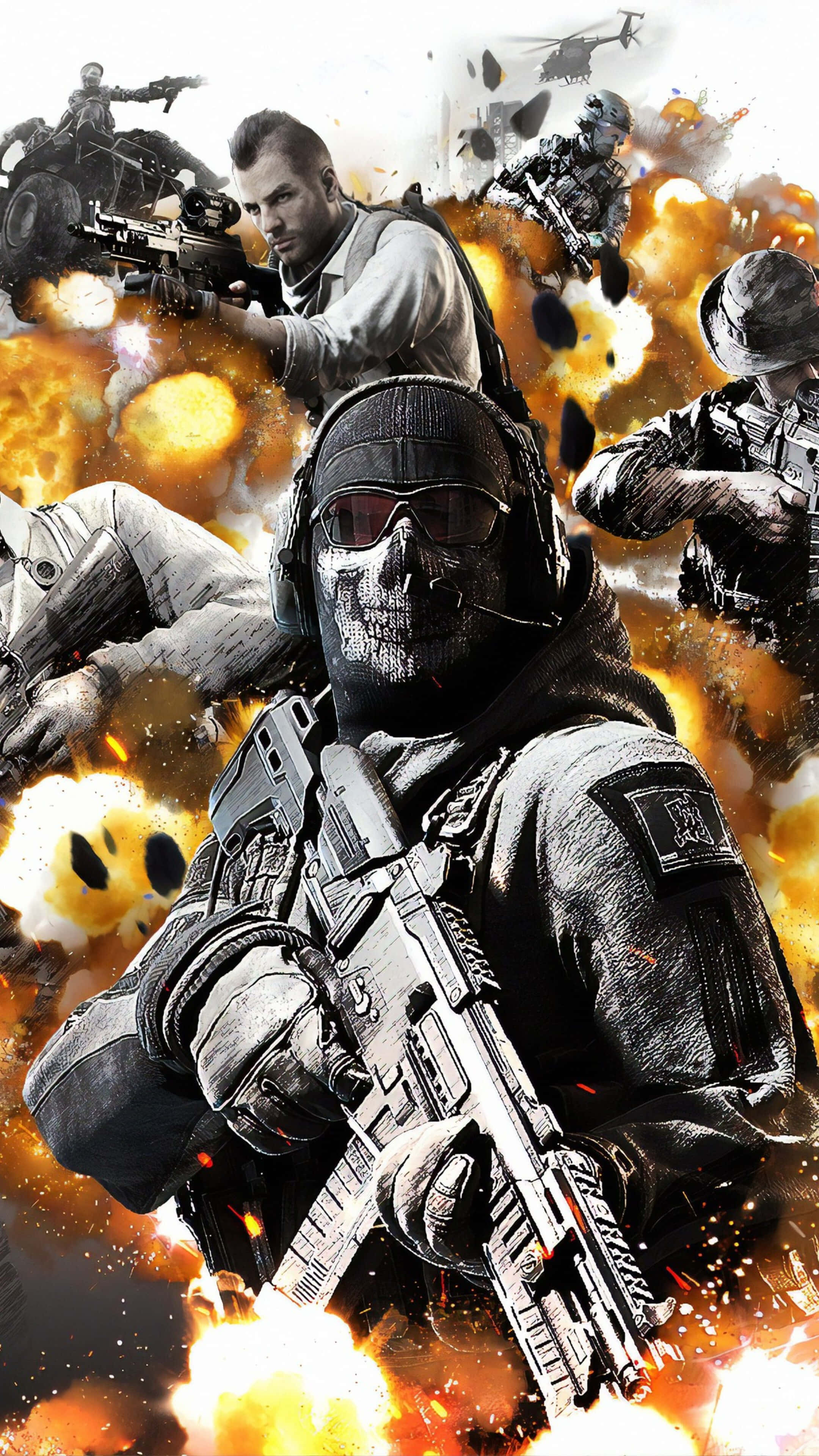 Call Of Duty Black Ops, tactical gear, fiery explosions, 4K Phone Wallpaper