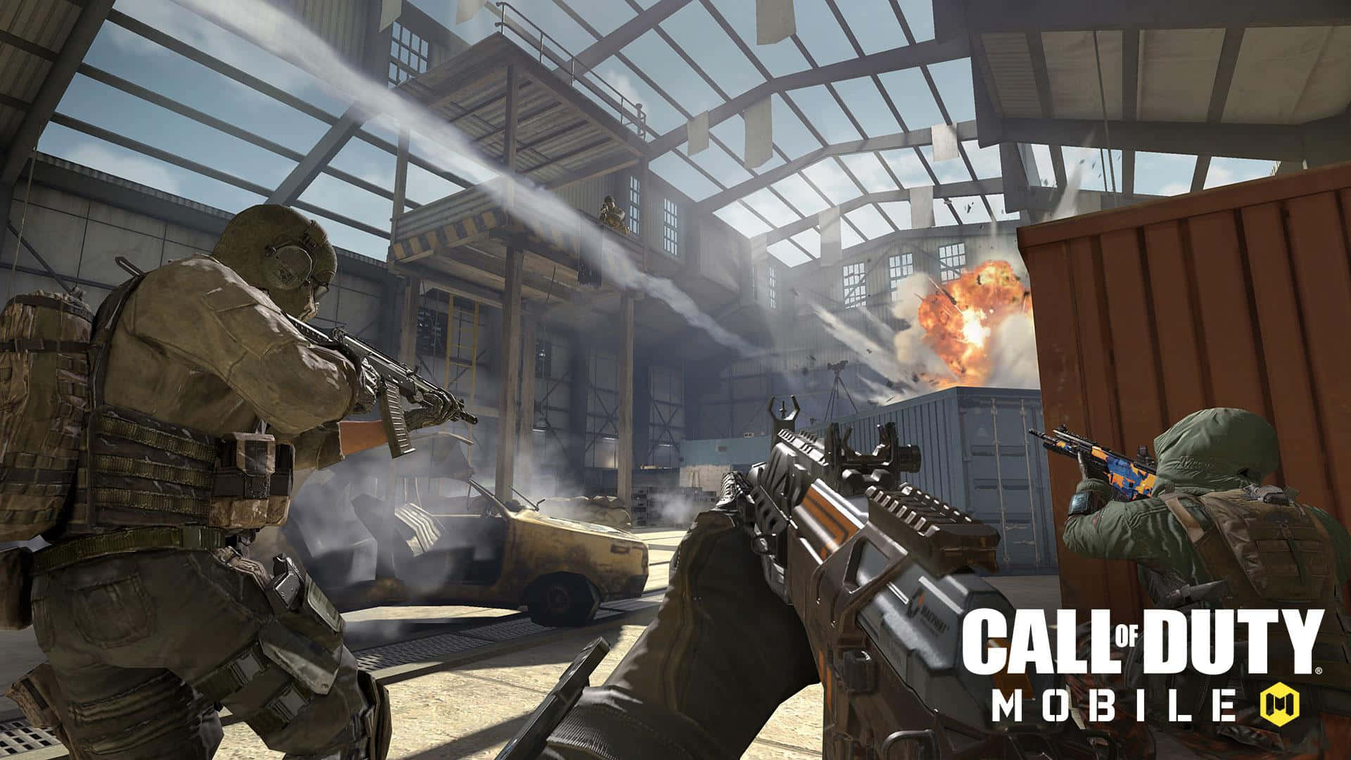 Call Of Duty First Person Shooter, tactical gear, sunlit industrial warehouse, Full HD Desktop Wallpaper