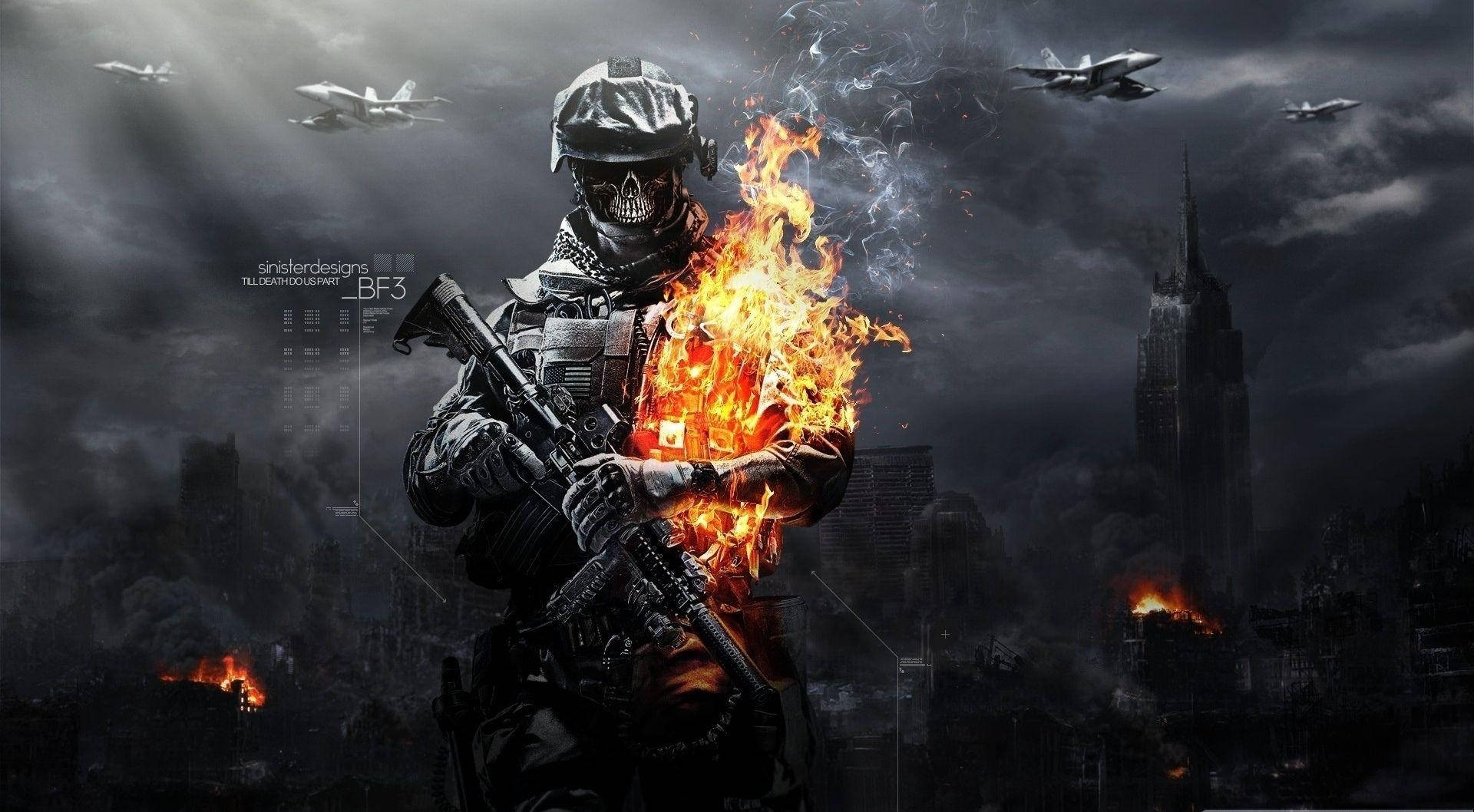 Call Of Duty, flaming soldier, skull mask, Full HD Desktop Wallpaper