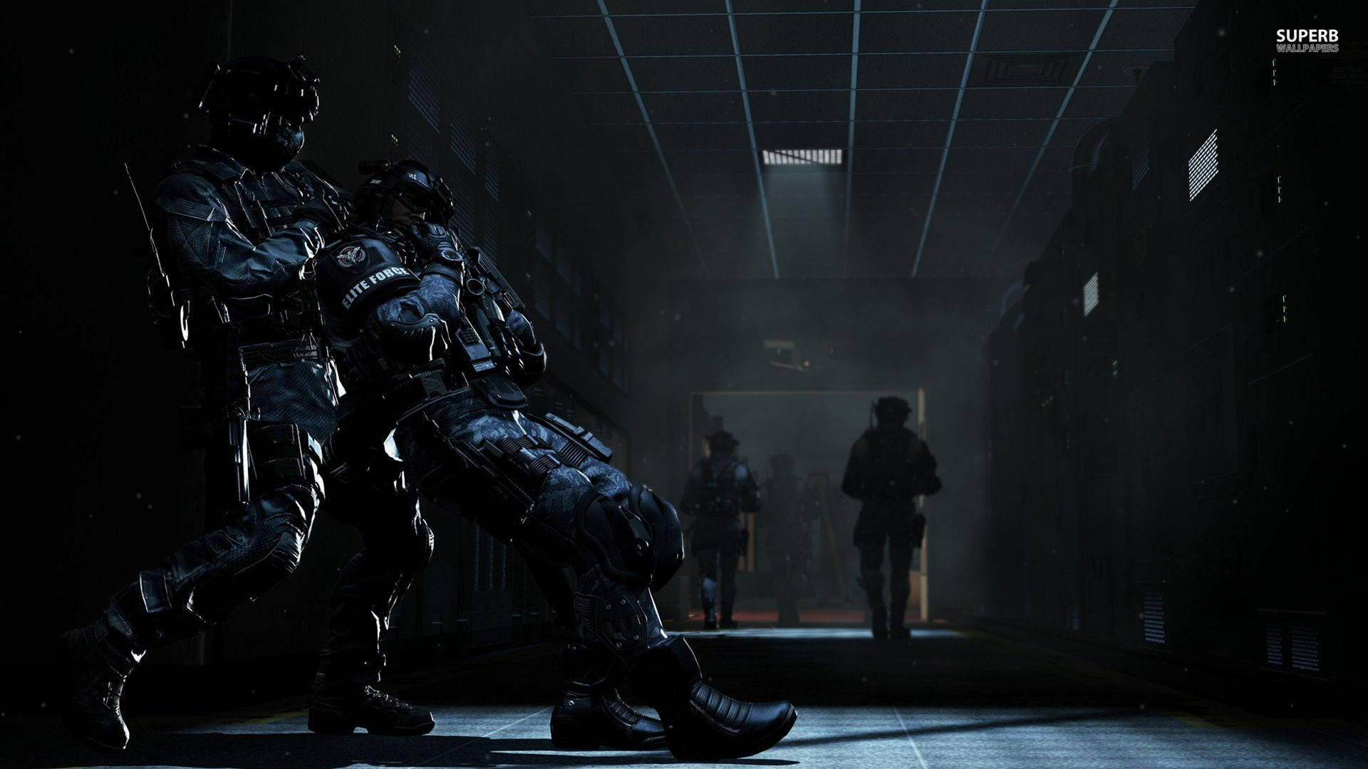 Call Of Duty Ghost, dark hallway, tactical gear, Full HD Desktop Wallpaper