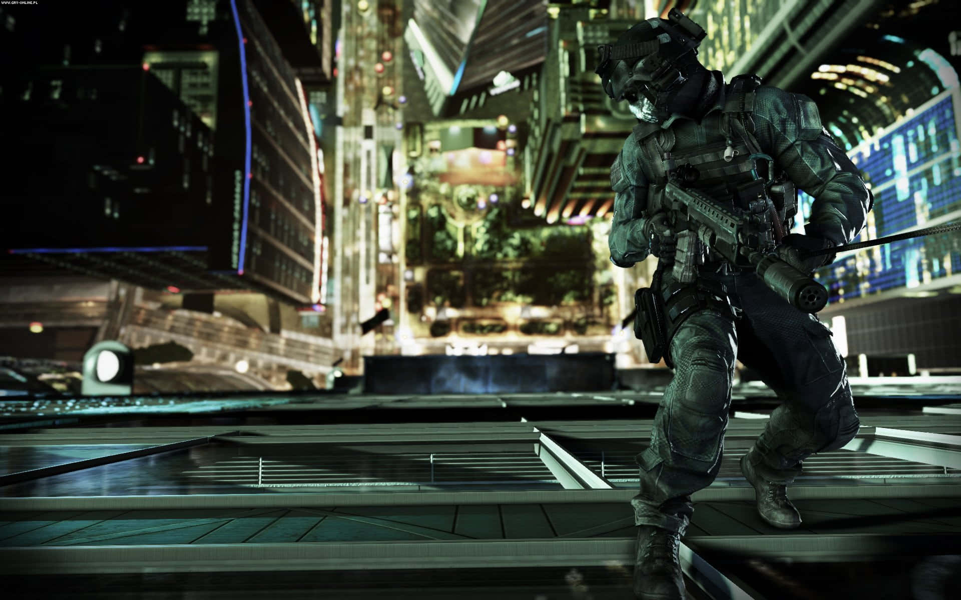 Call of Duty: Ghosts, tactical gear, neon-lit futuristic cityscape, Full HD Desktop Wallpaper