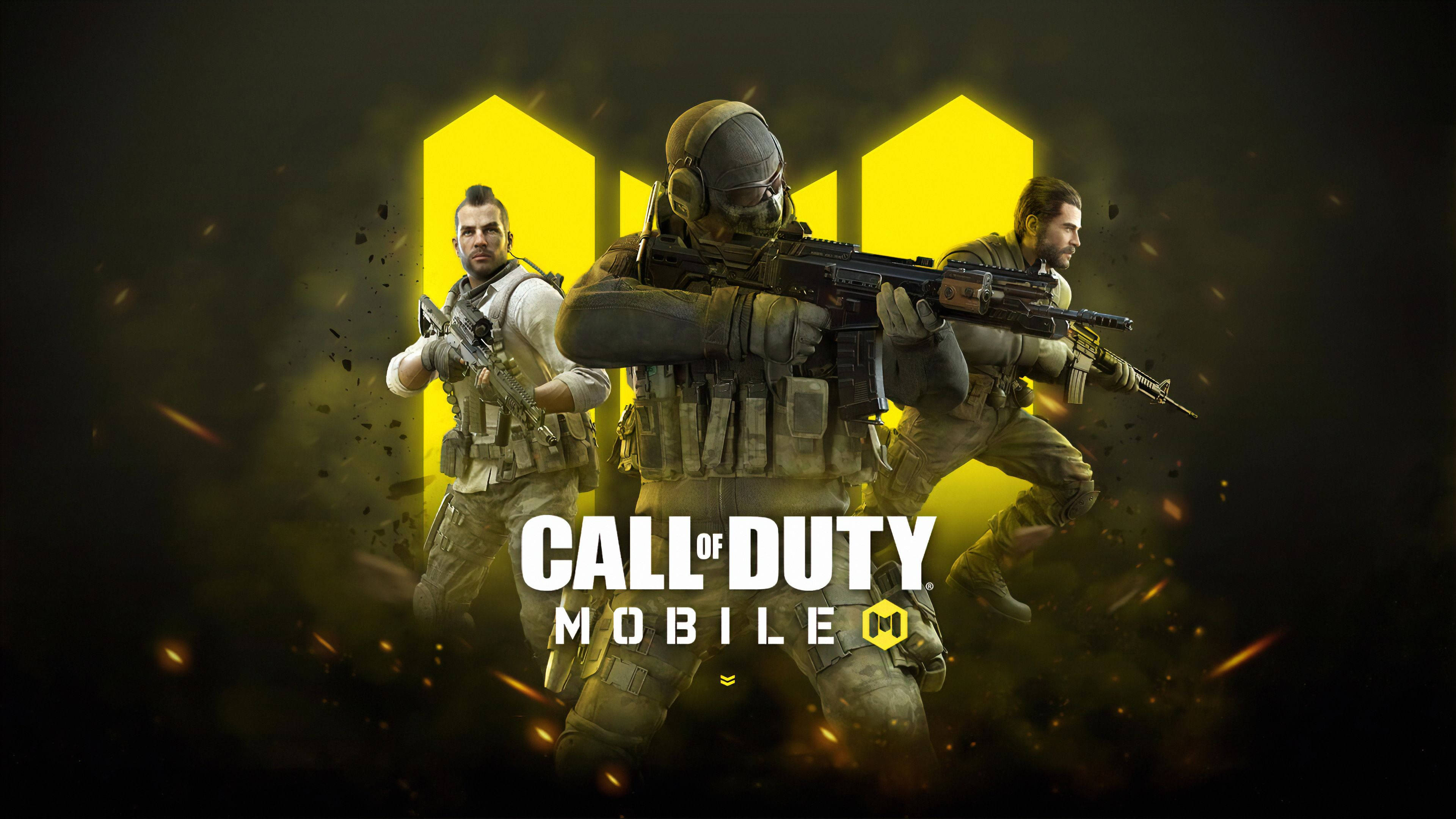 Call Of Duty Mobile, yellow logo, three characters, 4K Desktop Wallpaper