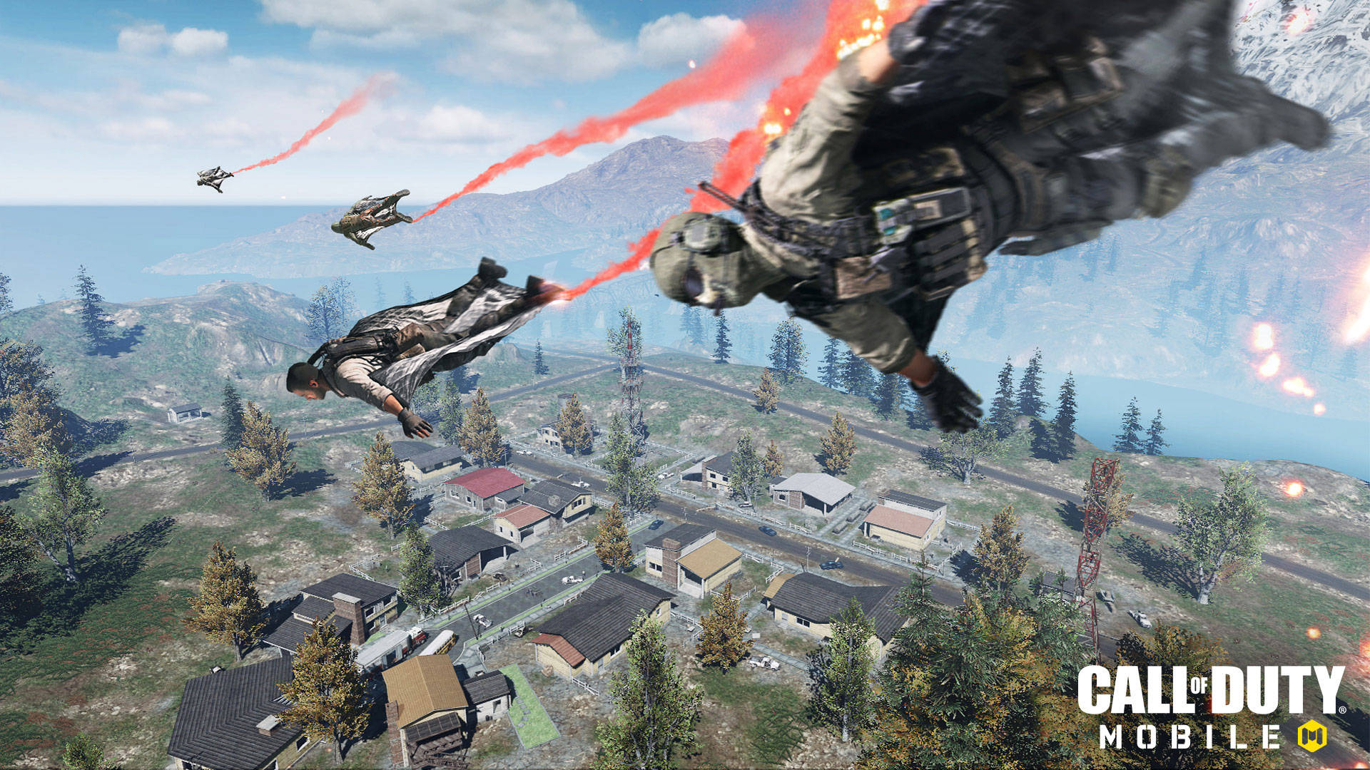 Call Of Duty Mobile Logo, airborne wingsuit, red flares, Full HD Desktop Wallpaper