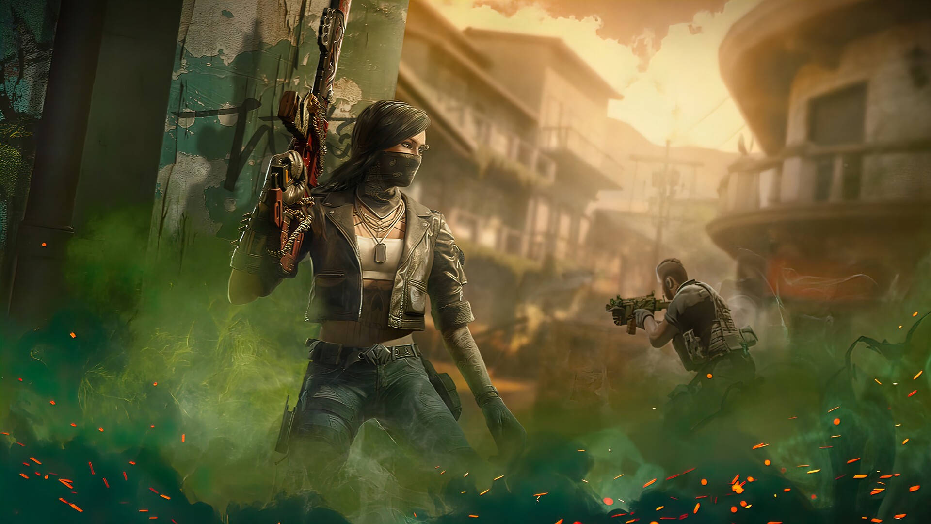 Call Of Duty Mobile, green smoke, war-torn urban street, Full HD Desktop Wallpaper