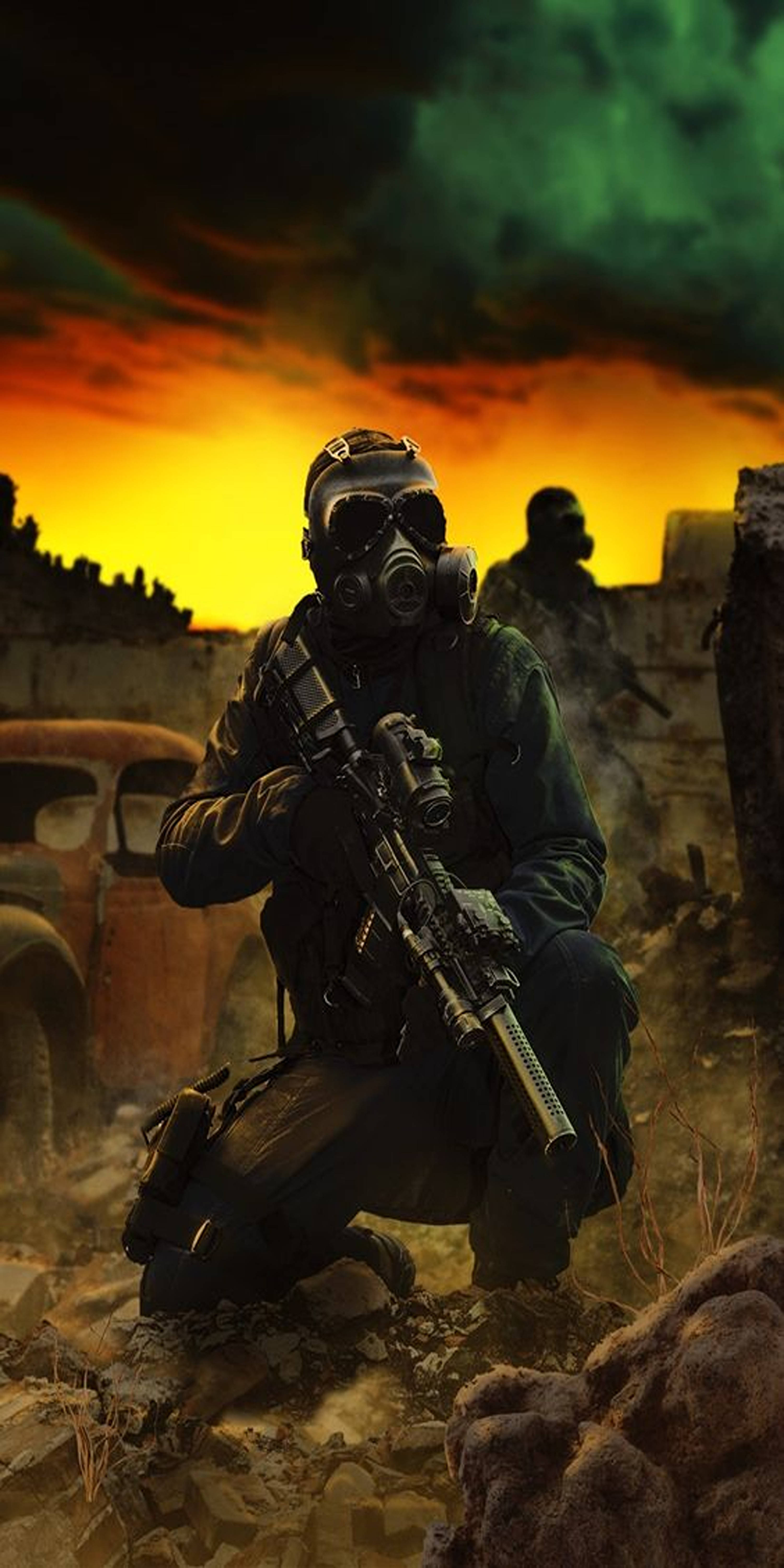 Call Of Duty Mobile, orange sky, gas mask, 5K Phone Wallpaper