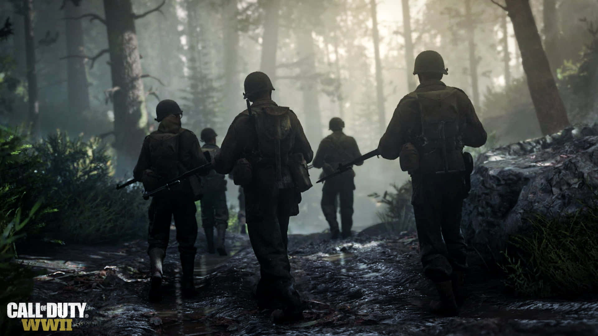 Call of Duty, WWII gear, misty forest, Full HD Desktop Wallpaper