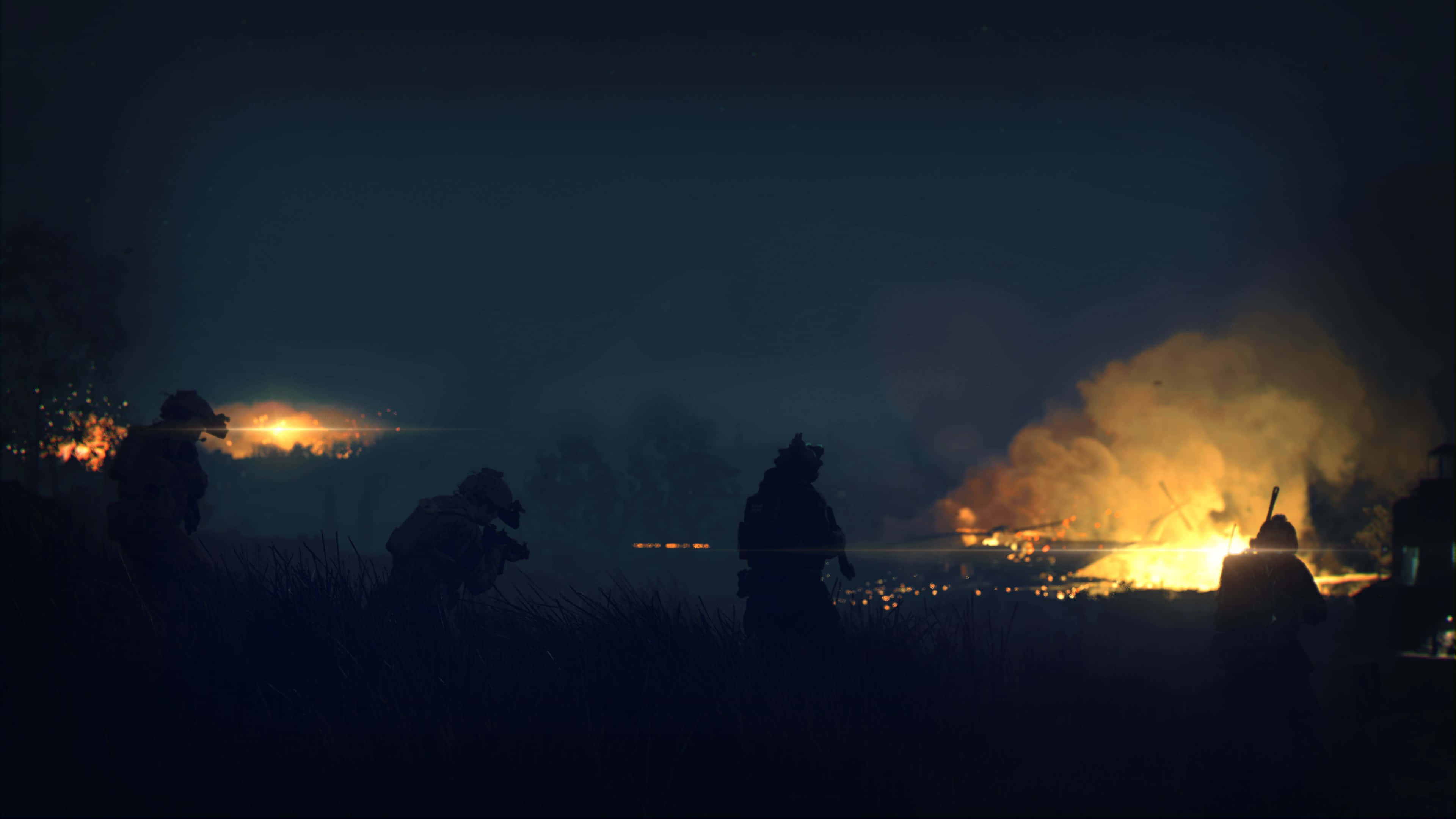 Modern Warfare 2, nighttime combat scene, silhouetted soldiers, 4K Desktop Wallpaper